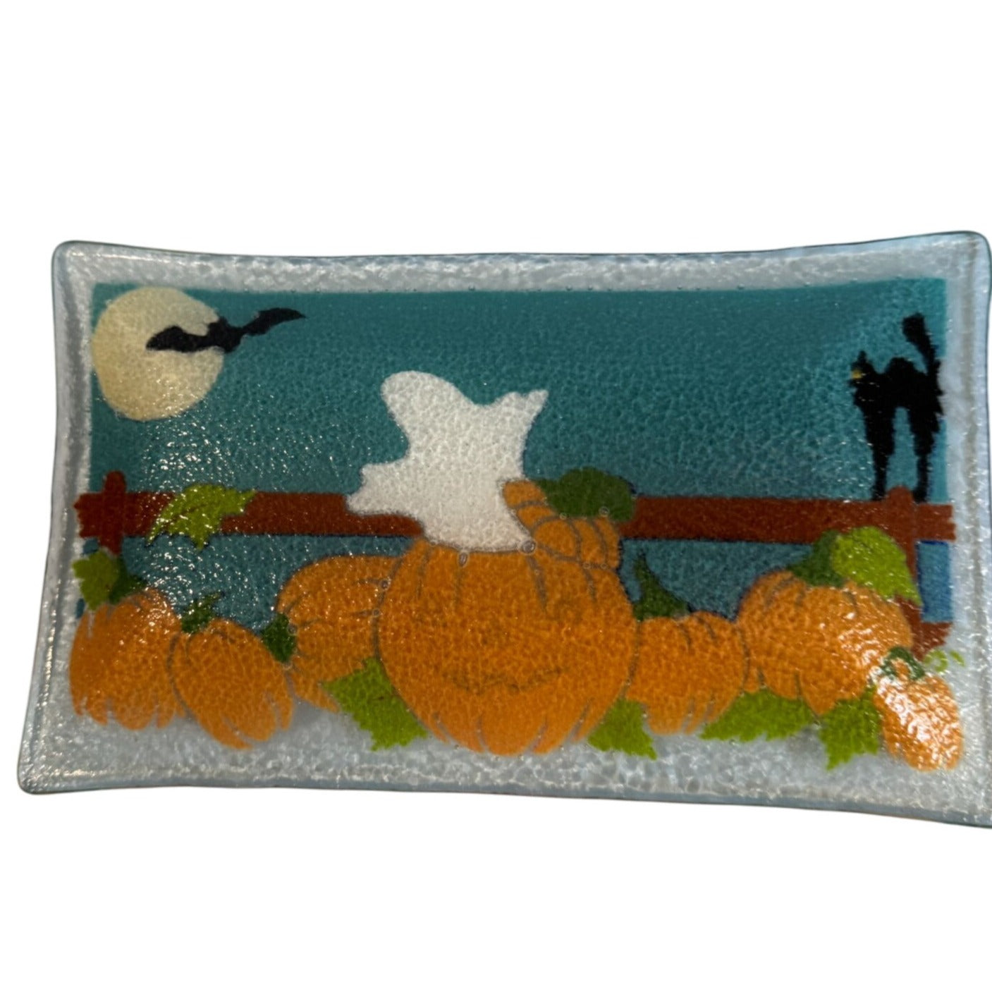 Peggy Karr Halloween Fused Glass Plate Ghost & Pumpkins 10" x 6" Rectangular