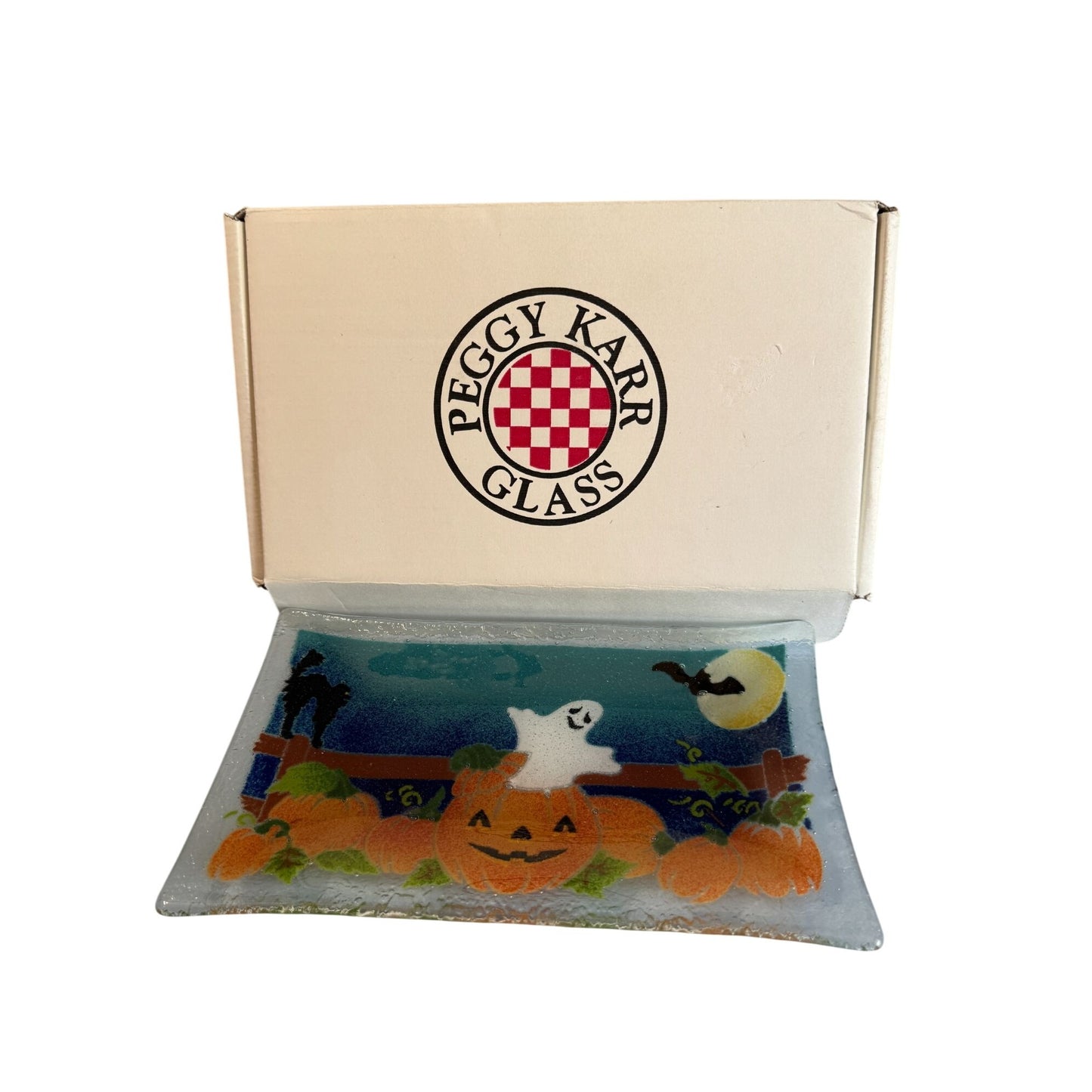 Peggy Karr Halloween Fused Glass Plate Ghost & Pumpkins 10" x 6" Rectangular