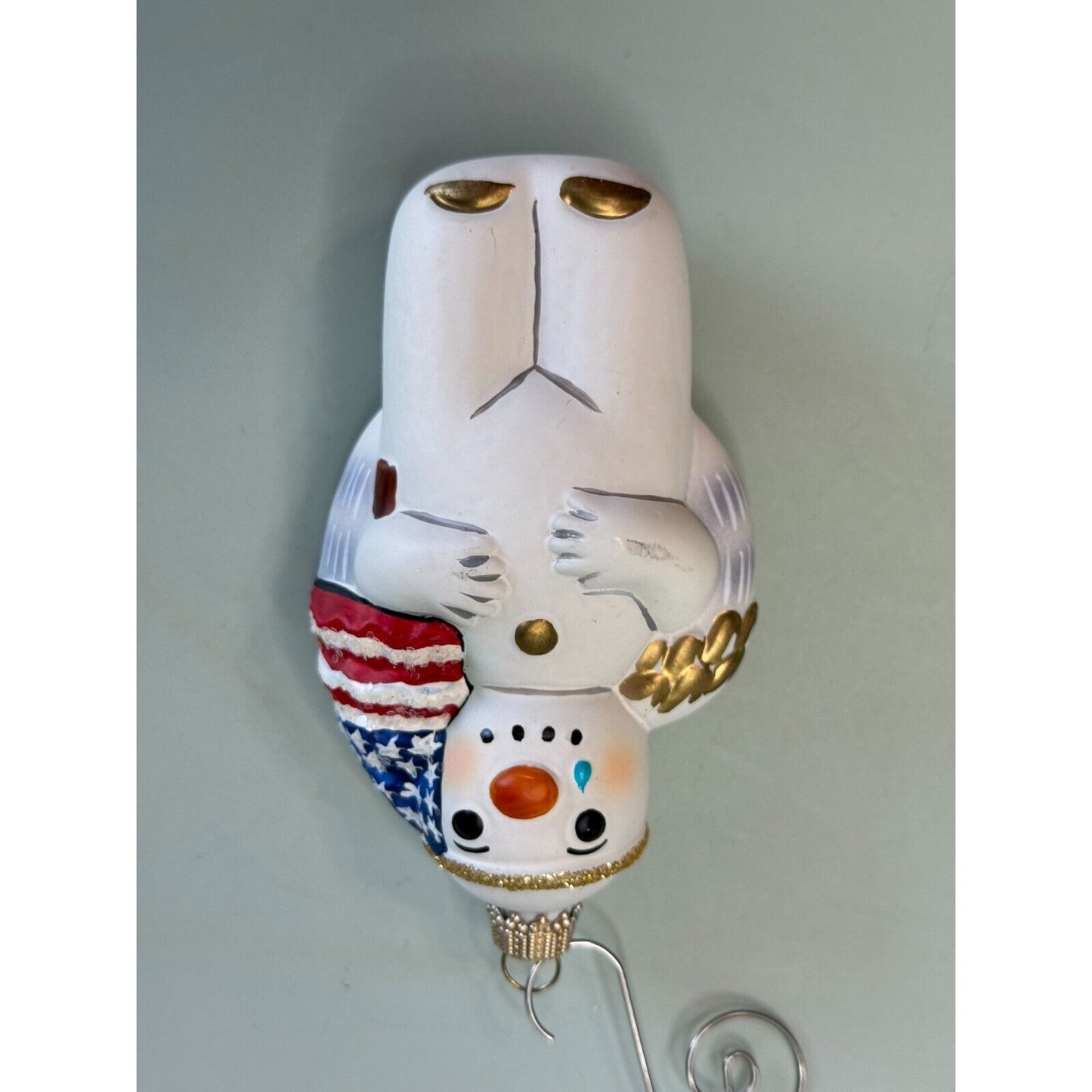 Vaillancourt Folk Art Patriotic Snowman Angel Glass Ornament 2001 w/Stand & Card