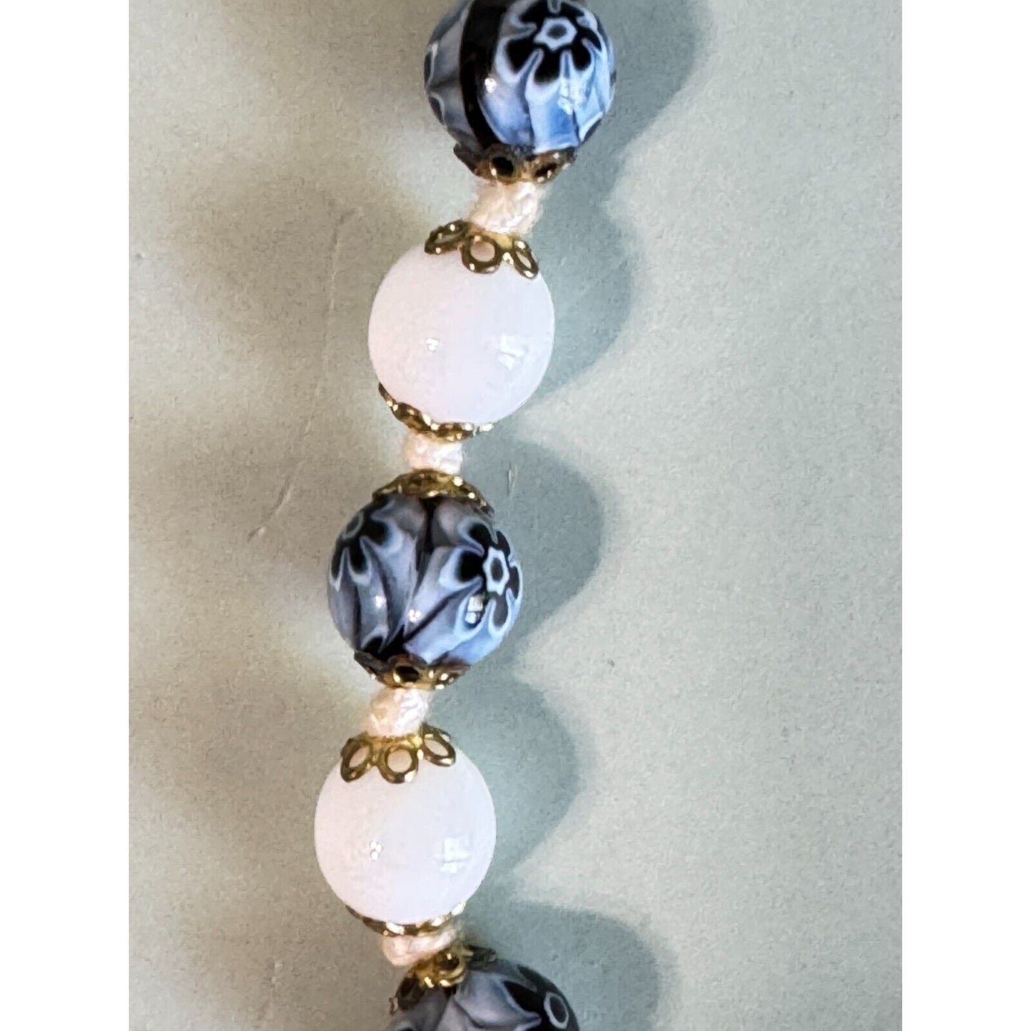 Vintage Venetian Millefiori Blue Floral and White Glass Beaded Necklace 16"