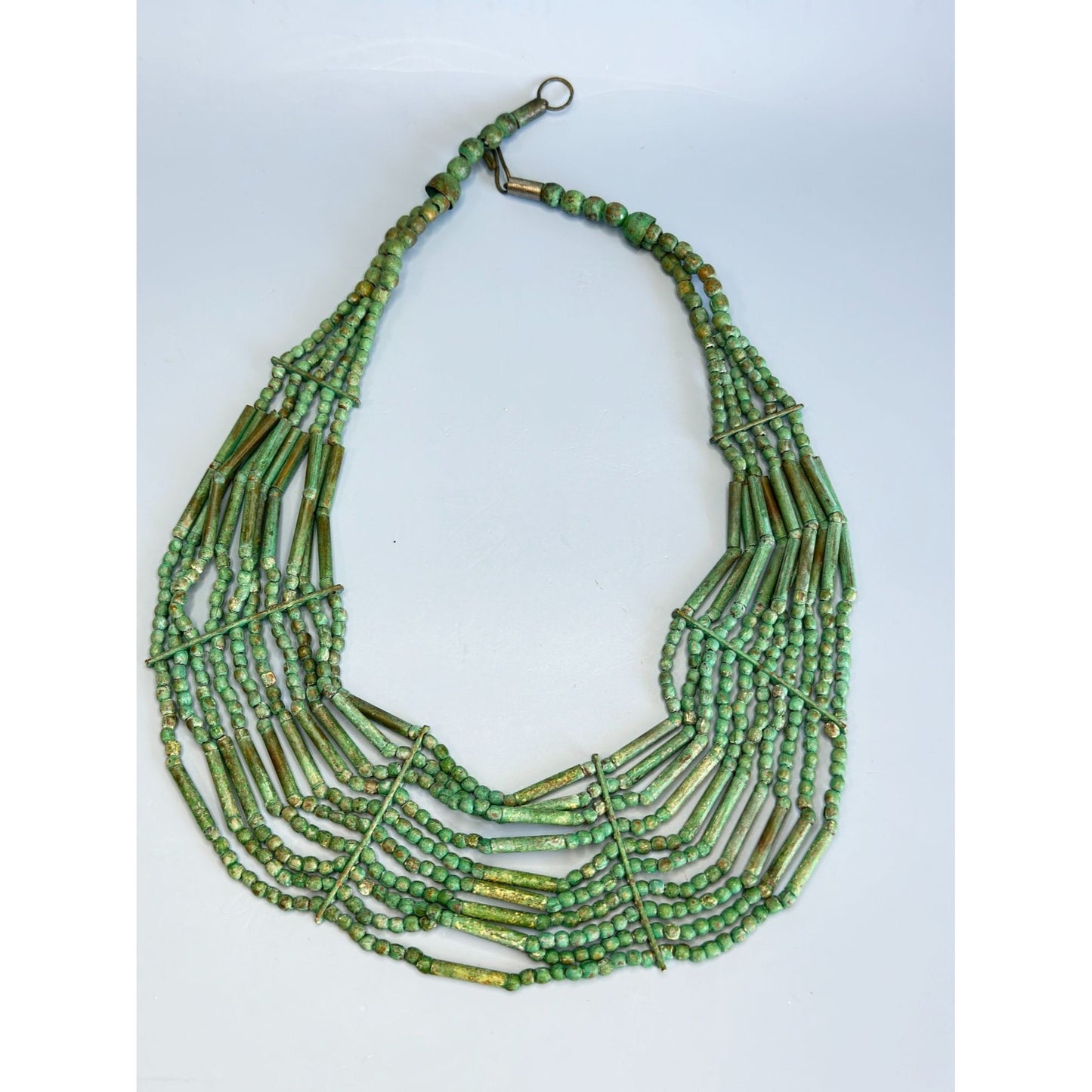 Tribal Multi-Strand Green Turquoise Beaded Necklace With Brass Hook Clasp
