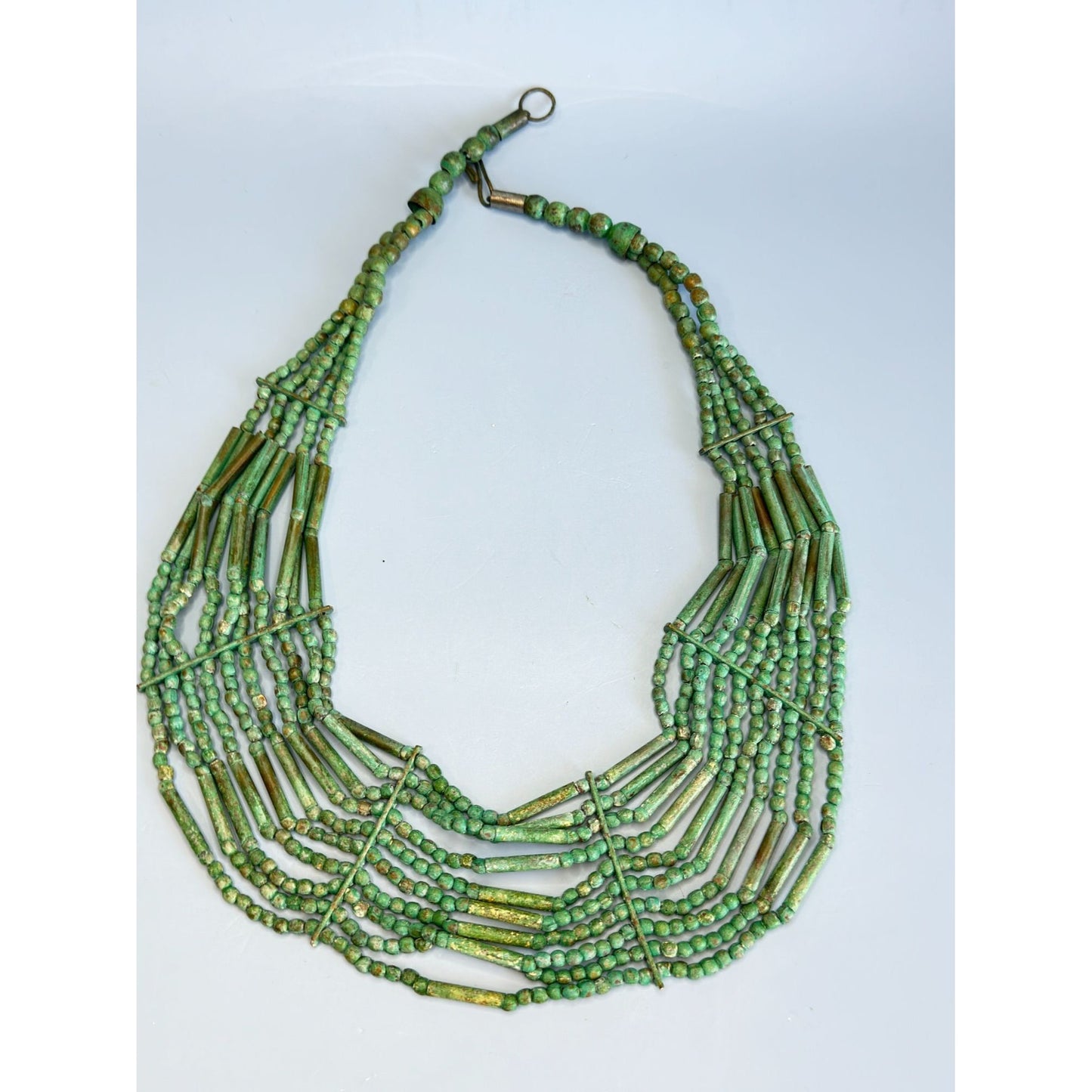 Tribal Multi-Strand Green Turquoise Beaded Necklace With Brass Hook Clasp
