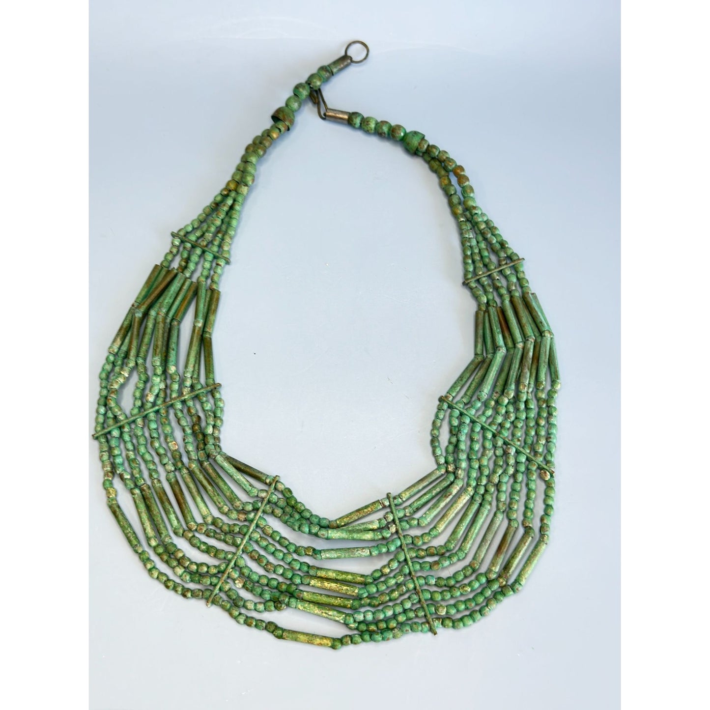 Tribal Multi-Strand Green Turquoise Beaded Necklace With Brass Hook Clasp