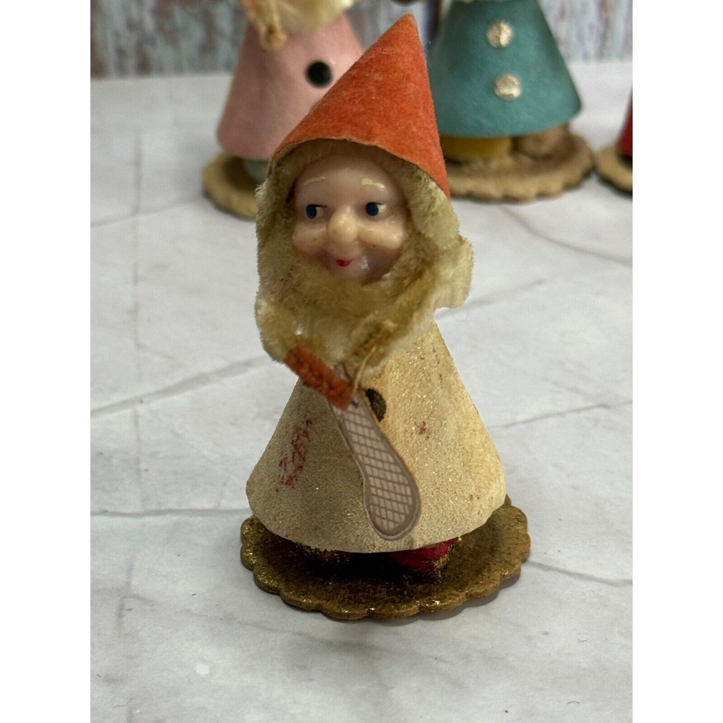 Vintage Plastic Chenille Gnome Elf with Articulated Head Arms Spun Cotton Beard