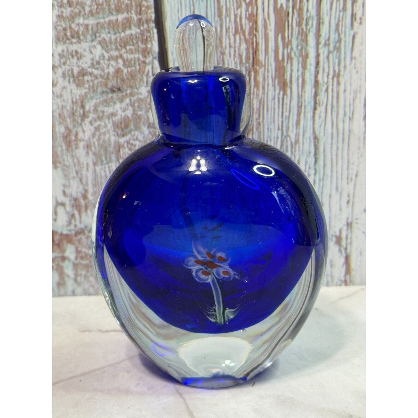 Vintage Cobalt Blue Millefiori Fower Perfume Bottle Art Glass with Stopper Empty