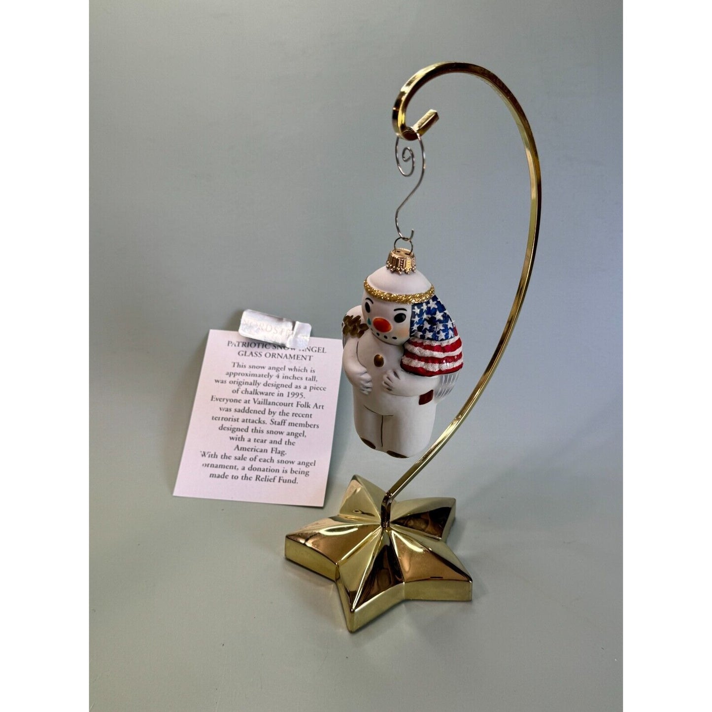 Vaillancourt Folk Art Patriotic Snowman Angel Glass Ornament 2001 w/Stand & Card