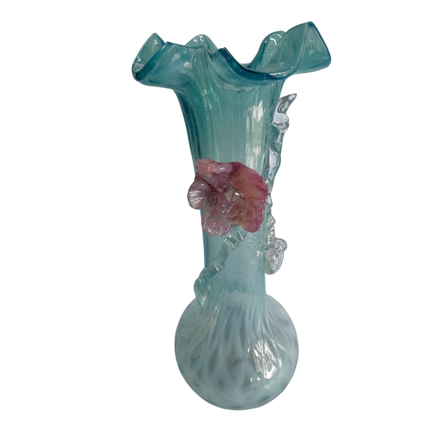 Handcrafted Blue Lace Glass Vase With Pink Rose Embellishment 7"
