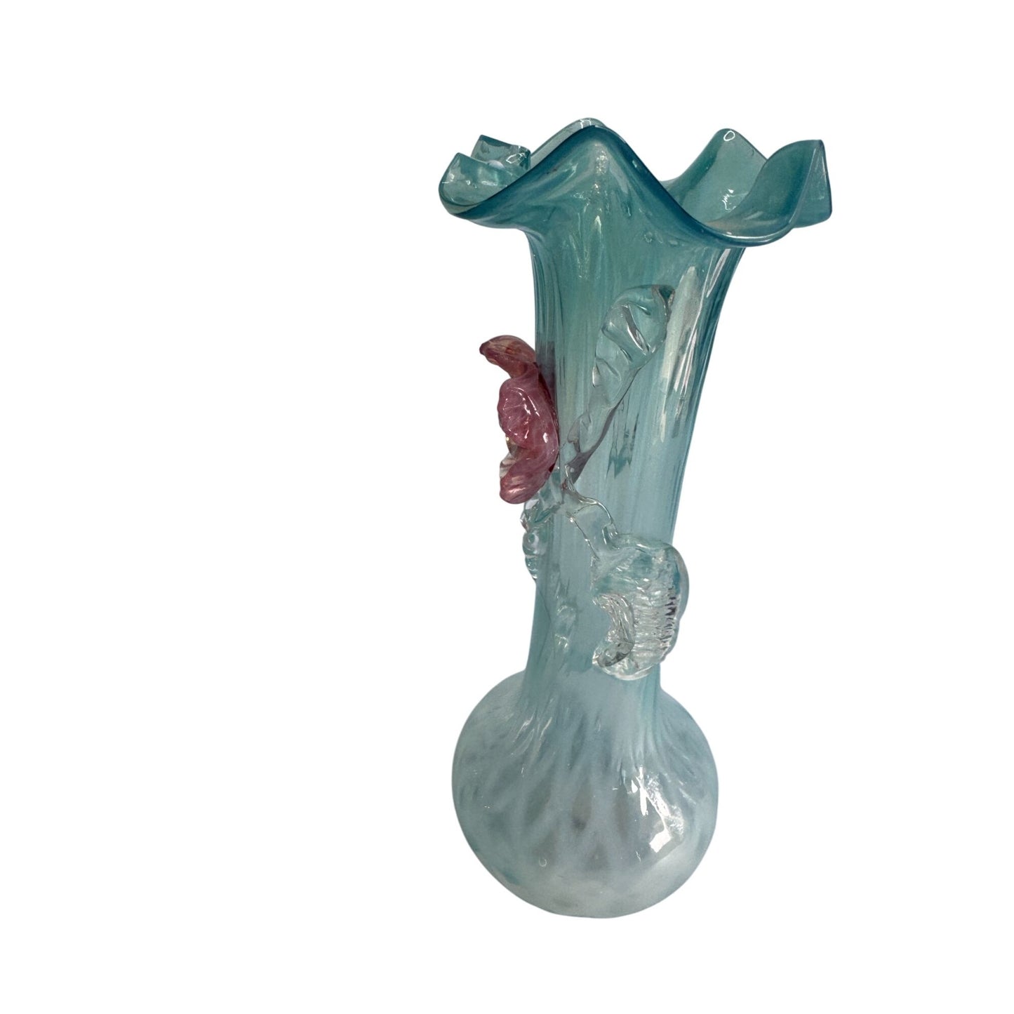 Handcrafted Blue Lace Glass Vase With Pink Rose Embellishment 7"