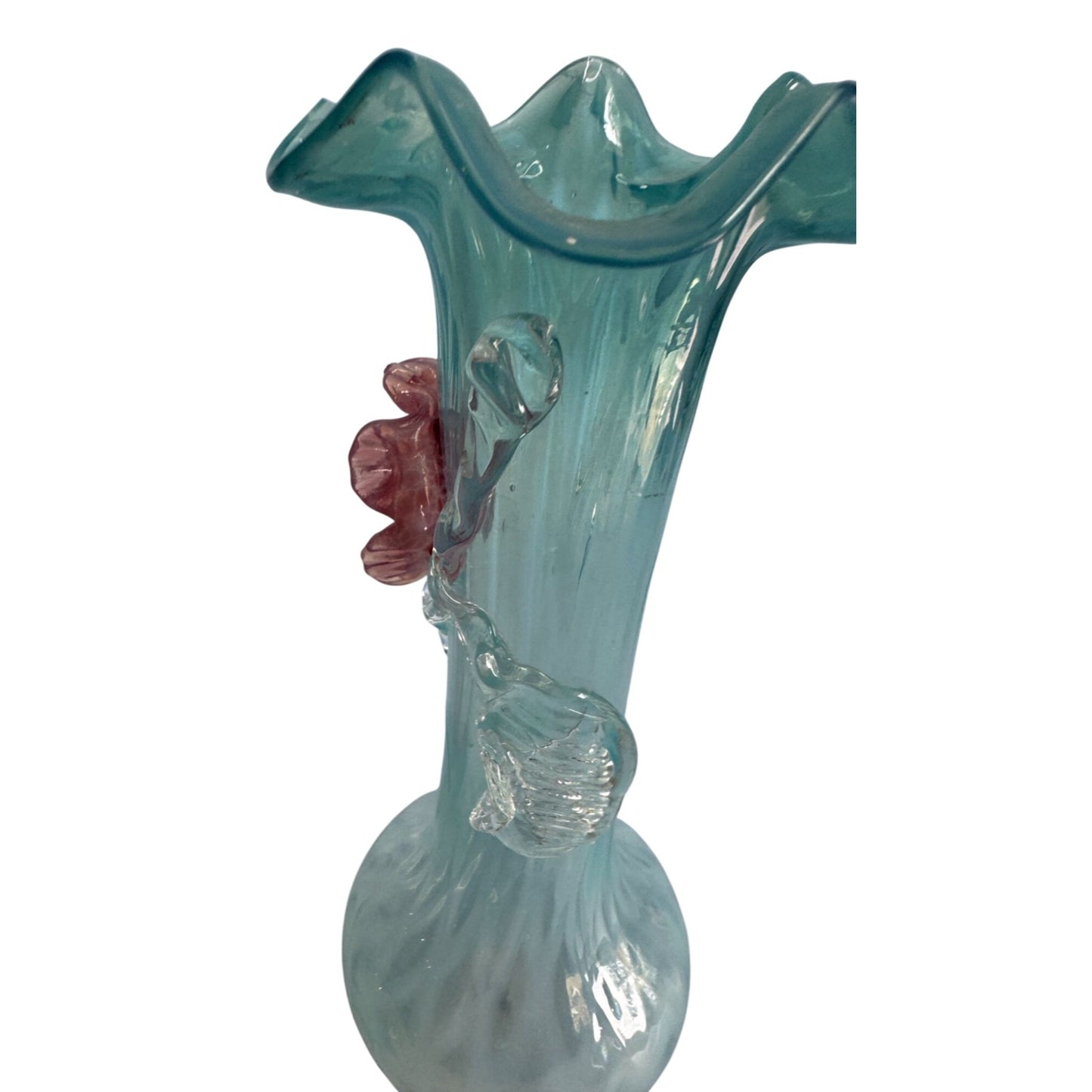 Handcrafted Blue Lace Glass Vase With Pink Rose Embellishment 7"