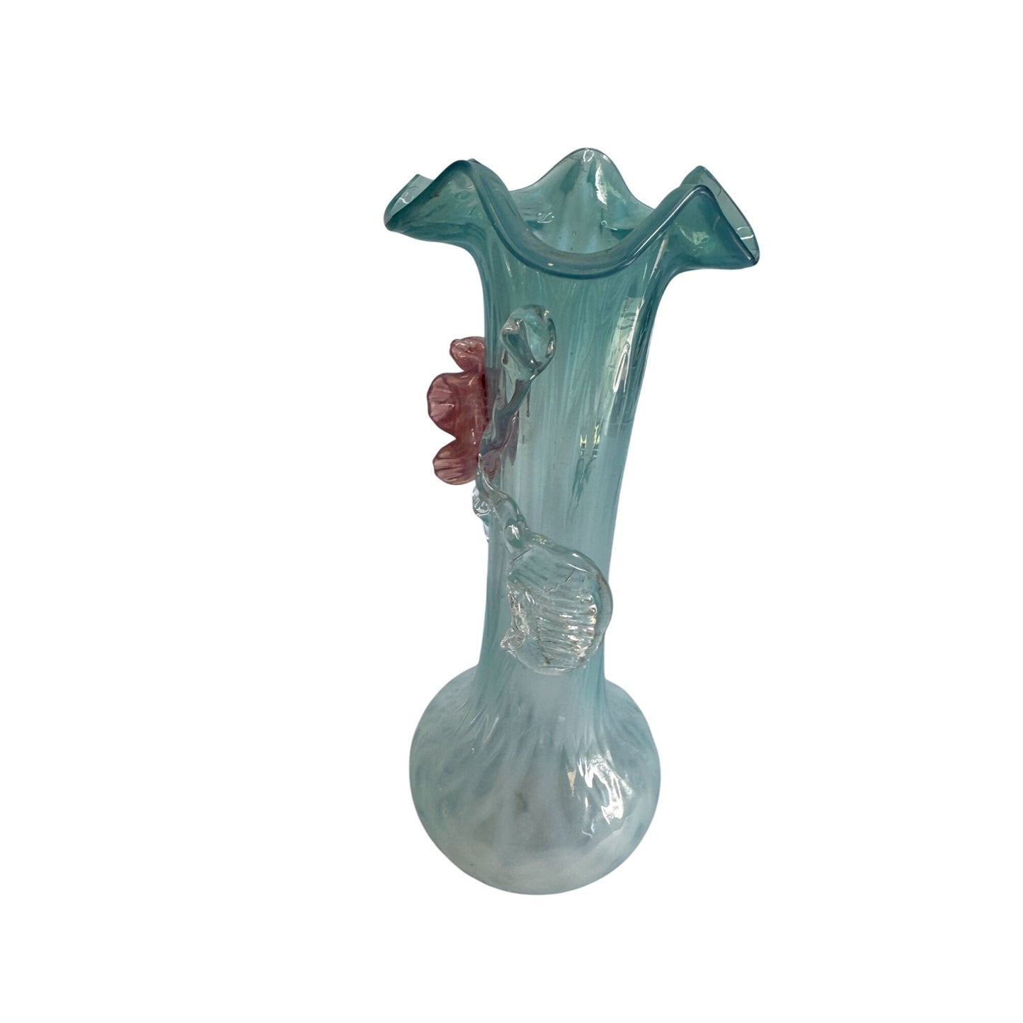 Handcrafted Blue Lace Glass Vase With Pink Rose Embellishment 7"