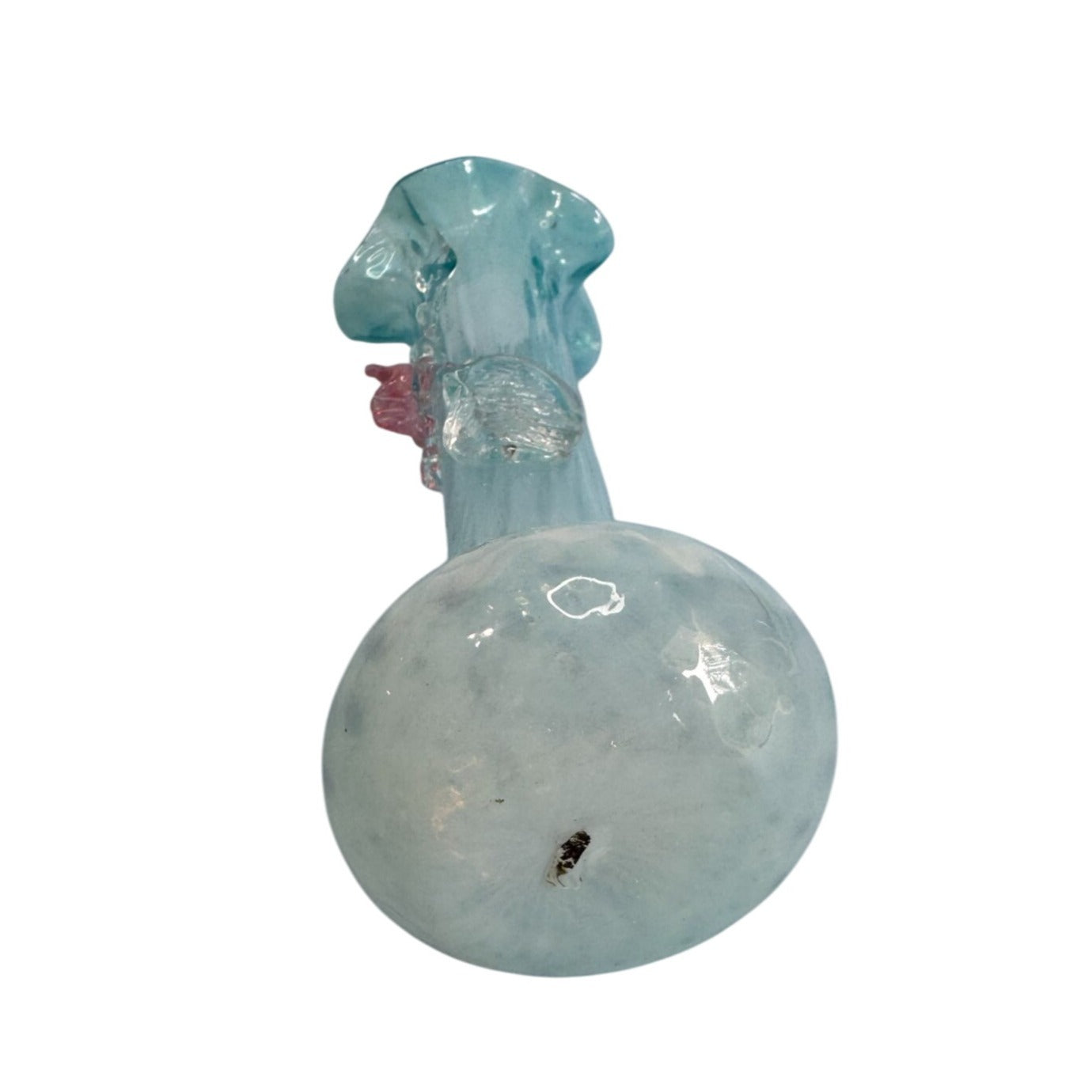 Handcrafted Blue Lace Glass Vase With Pink Rose Embellishment 7"