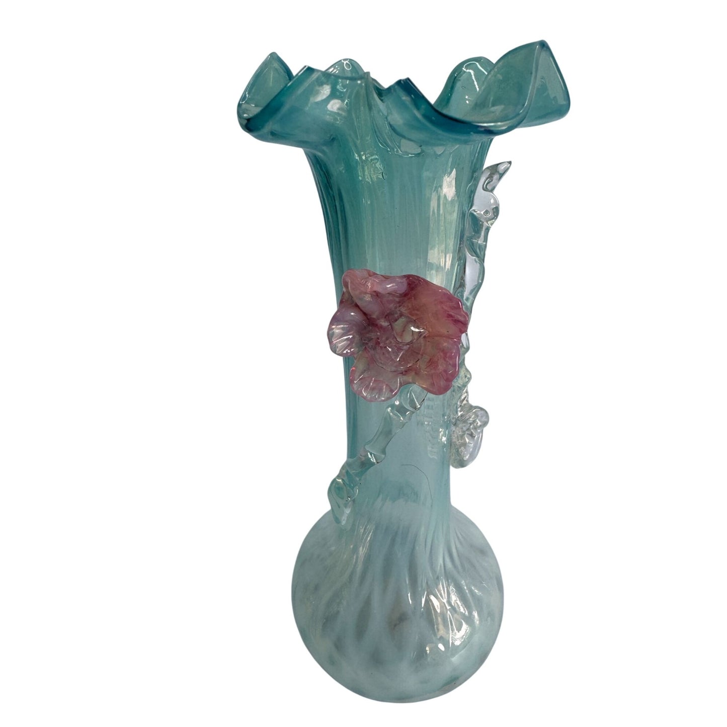 Handcrafted Blue Lace Glass Vase With Pink Rose Embellishment 7"