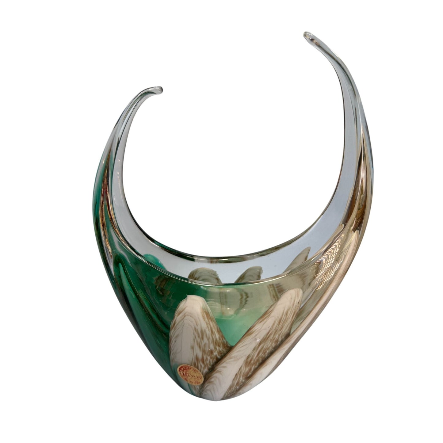 Murano Sommerso Art Glass Centerpiece Bowl Green White Glass 9.5x6.5 Inches