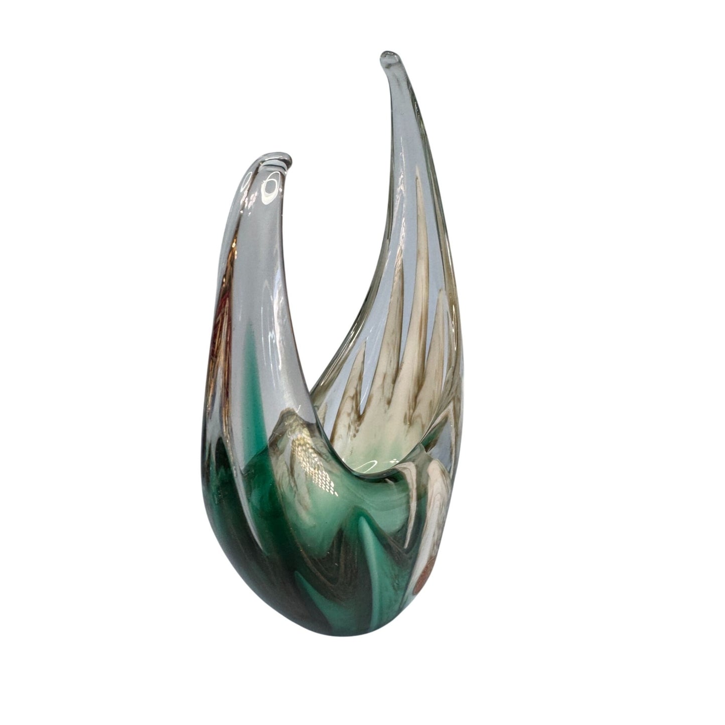 Murano Sommerso Art Glass Centerpiece Bowl Green White Glass 9.5x6.5 Inches