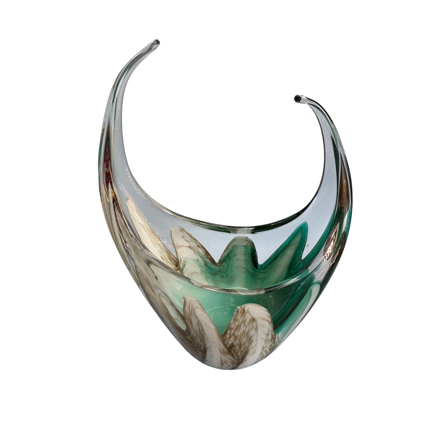 Murano Sommerso Art Glass Centerpiece Bowl Green White Glass 9.5x6.5 Inches