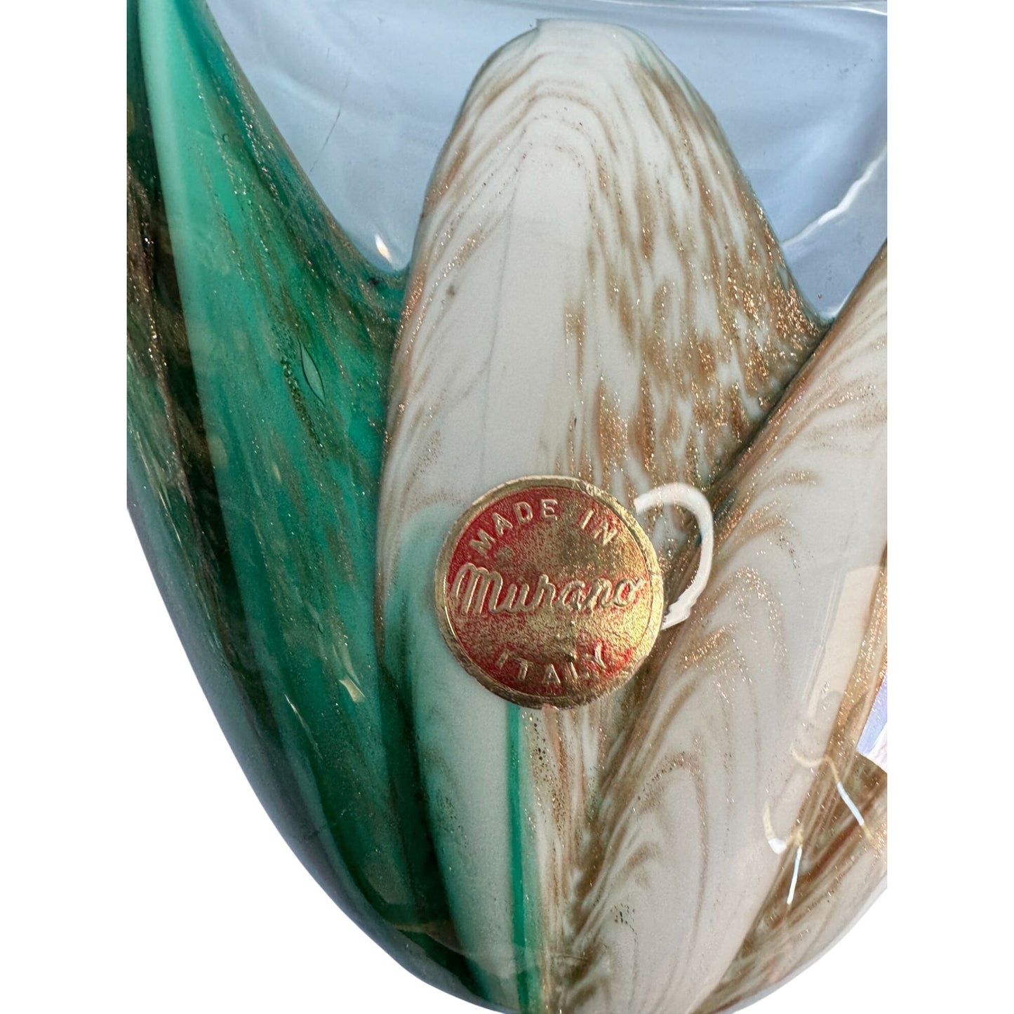 Murano Sommerso Art Glass Centerpiece Bowl Green White Glass 9.5x6.5 Inches