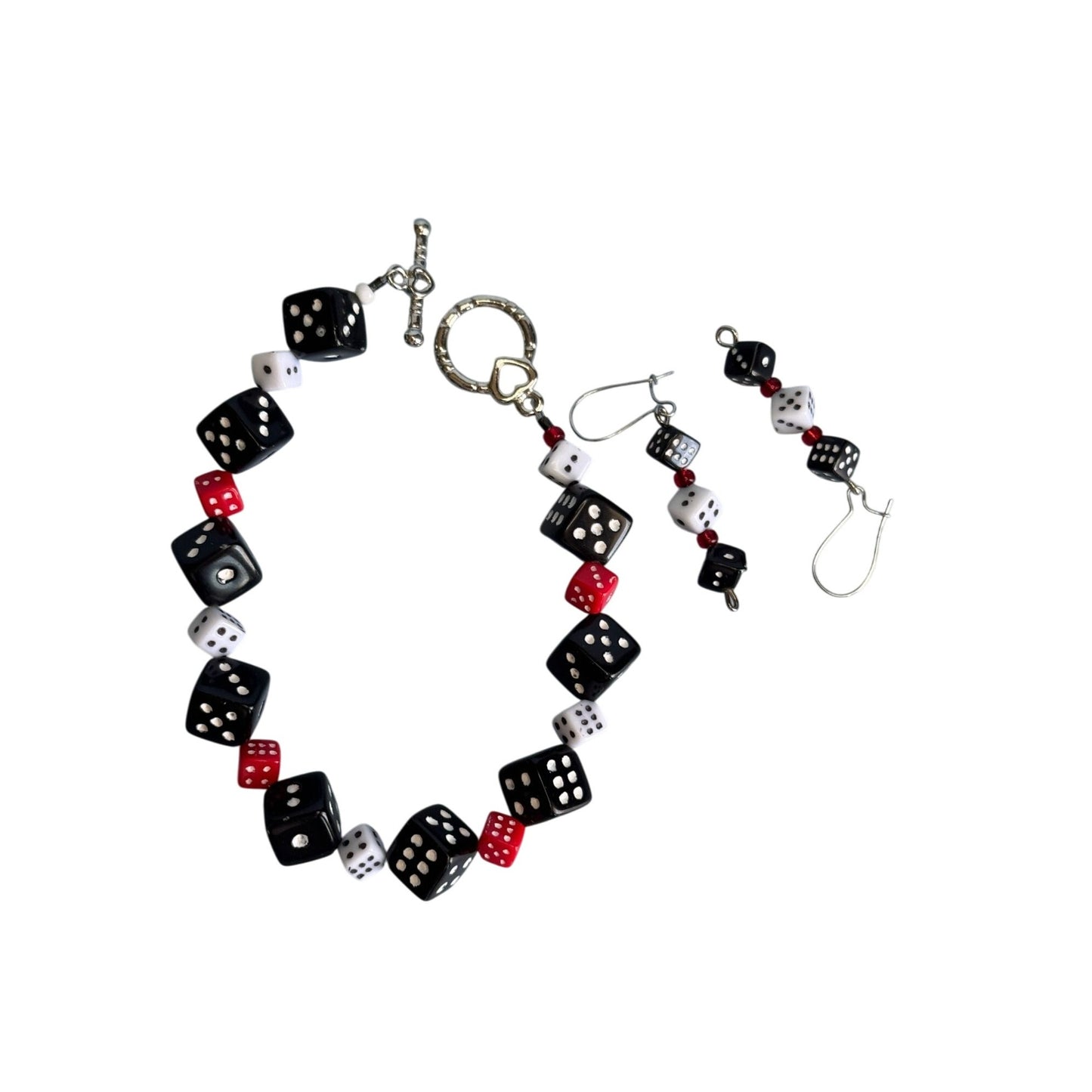 Dice-Themed Bracelet & Earrings Set With Toggle Clasp & Drop Earrings In Black White & Red Acrylic Beads