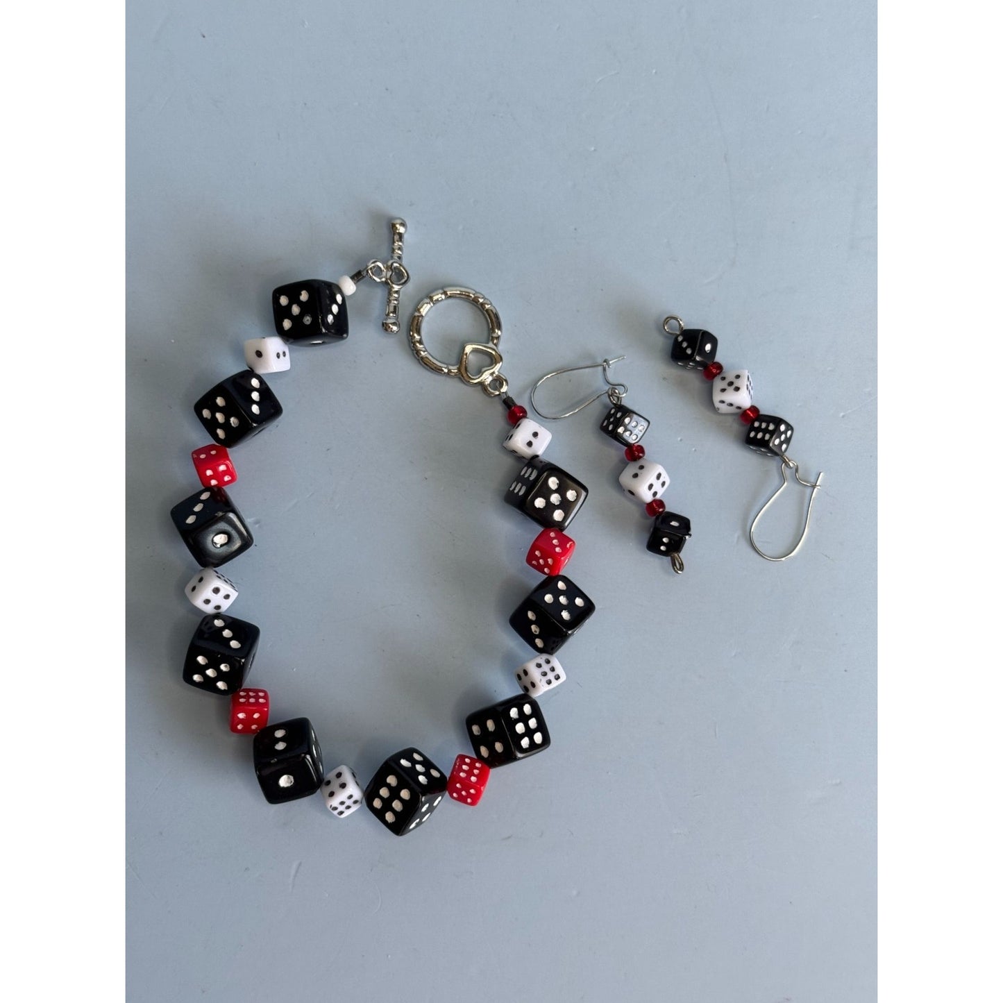 Dice-Themed Bracelet & Earrings Set With Toggle Clasp & Drop Earrings In Black White & Red Acrylic Beads