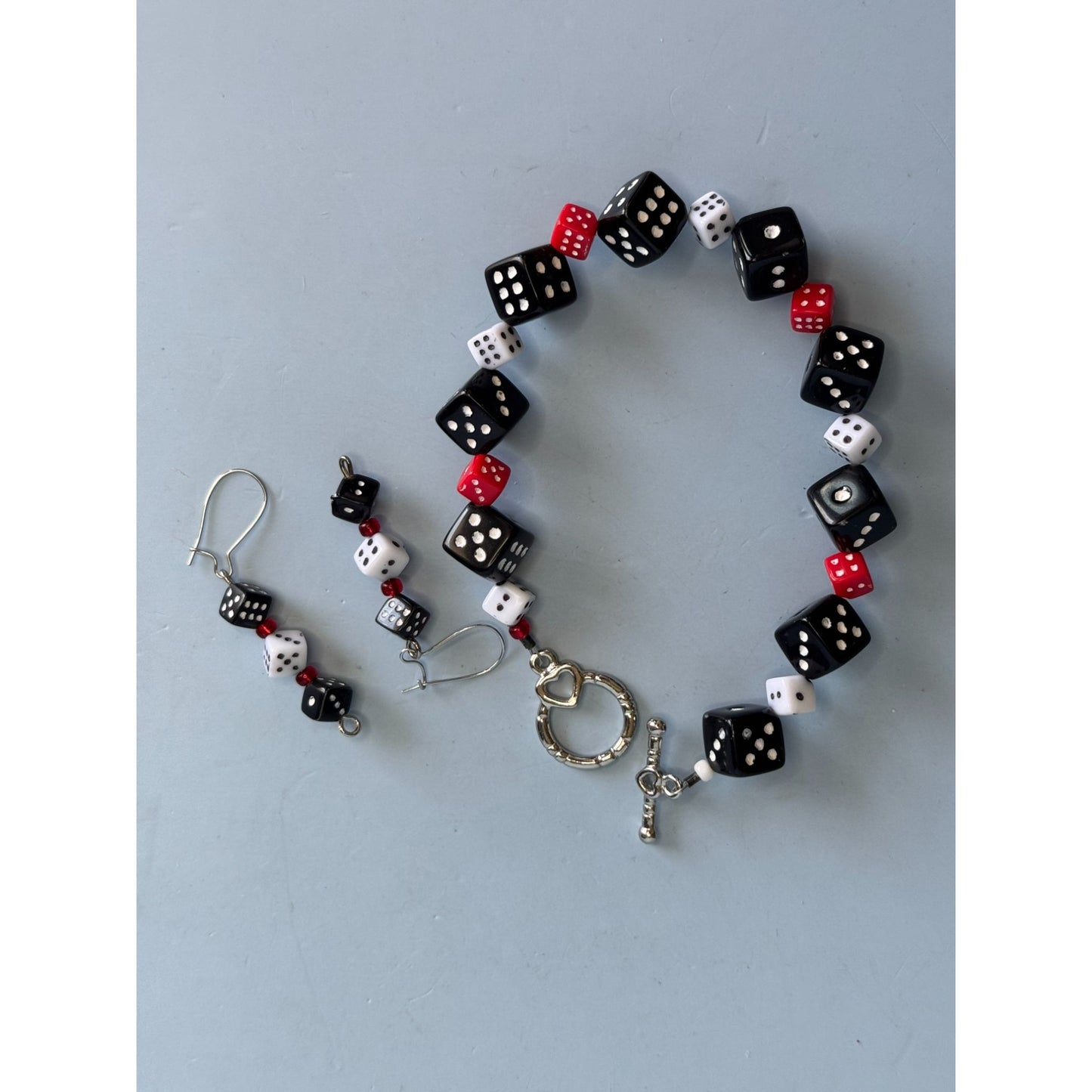 Dice-Themed Bracelet & Earrings Set With Toggle Clasp & Drop Earrings In Black White & Red Acrylic Beads