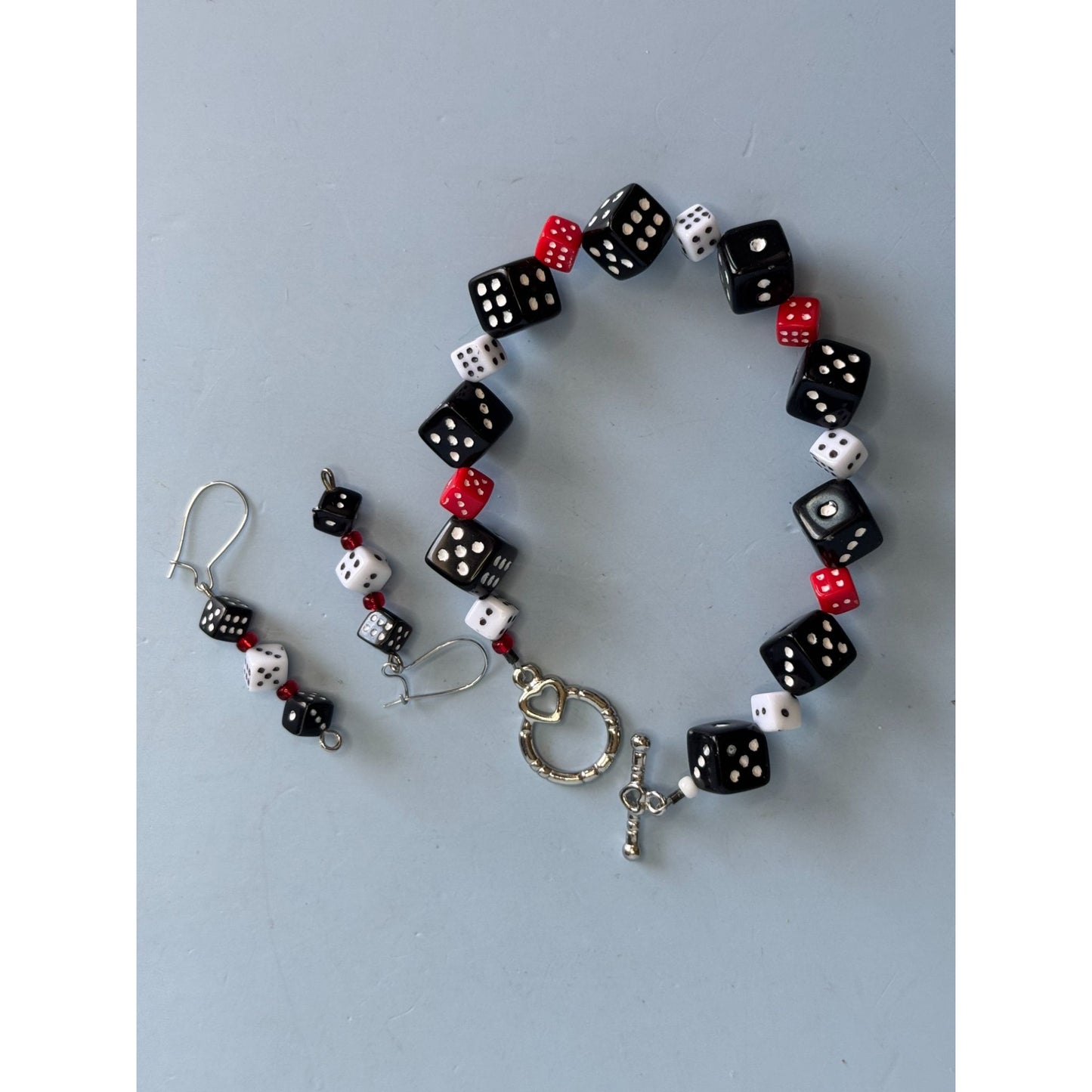 Dice-Themed Bracelet & Earrings Set With Toggle Clasp & Drop Earrings In Black White & Red Acrylic Beads