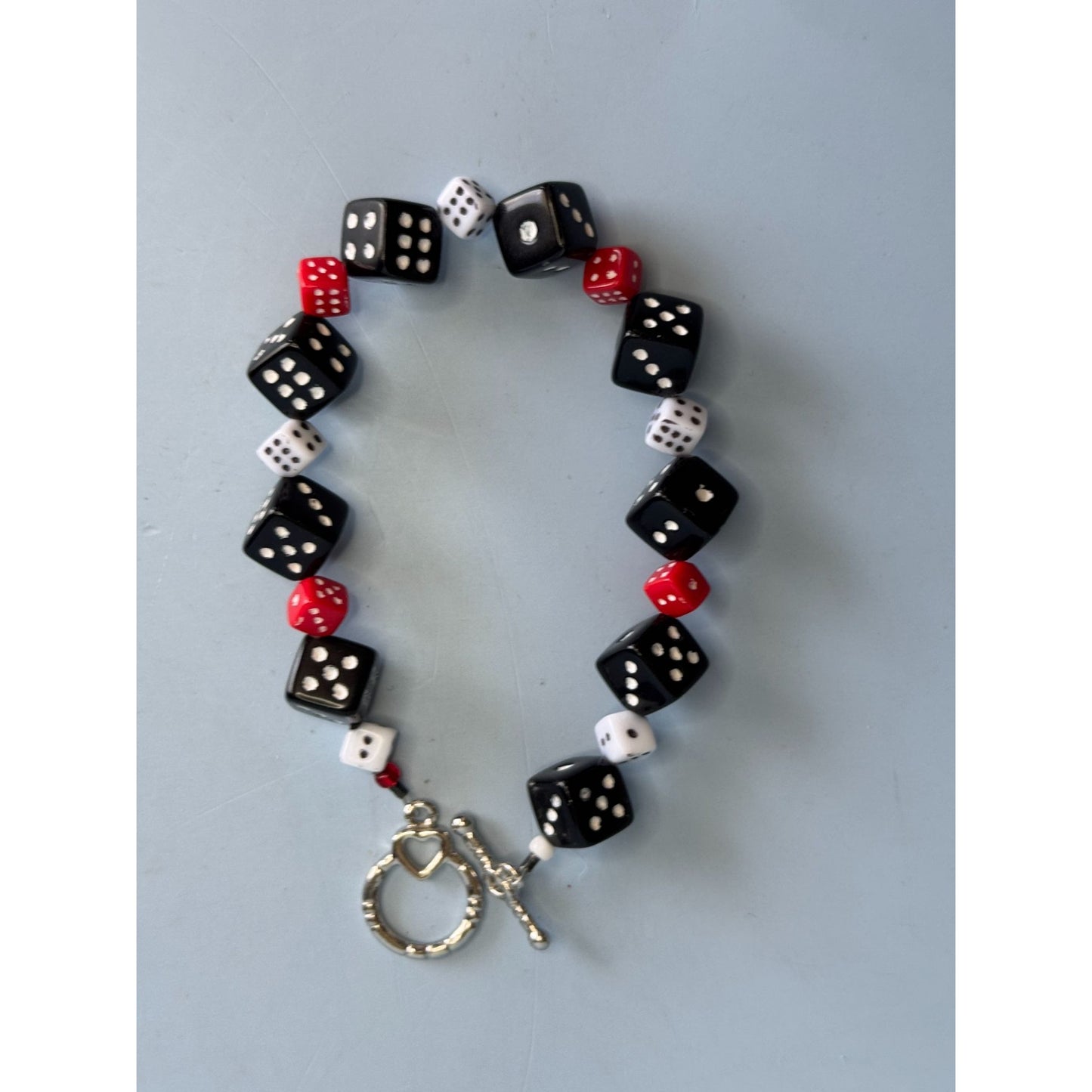 Dice-Themed Bracelet & Earrings Set With Toggle Clasp & Drop Earrings In Black White & Red Acrylic Beads