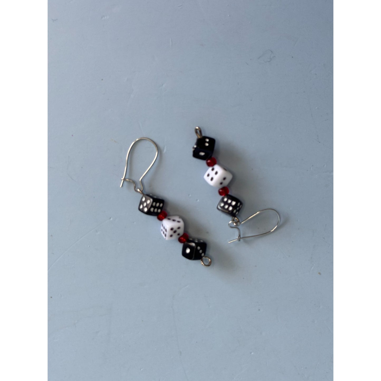 Dice-Themed Bracelet & Earrings Set With Toggle Clasp & Drop Earrings In Black White & Red Acrylic Beads