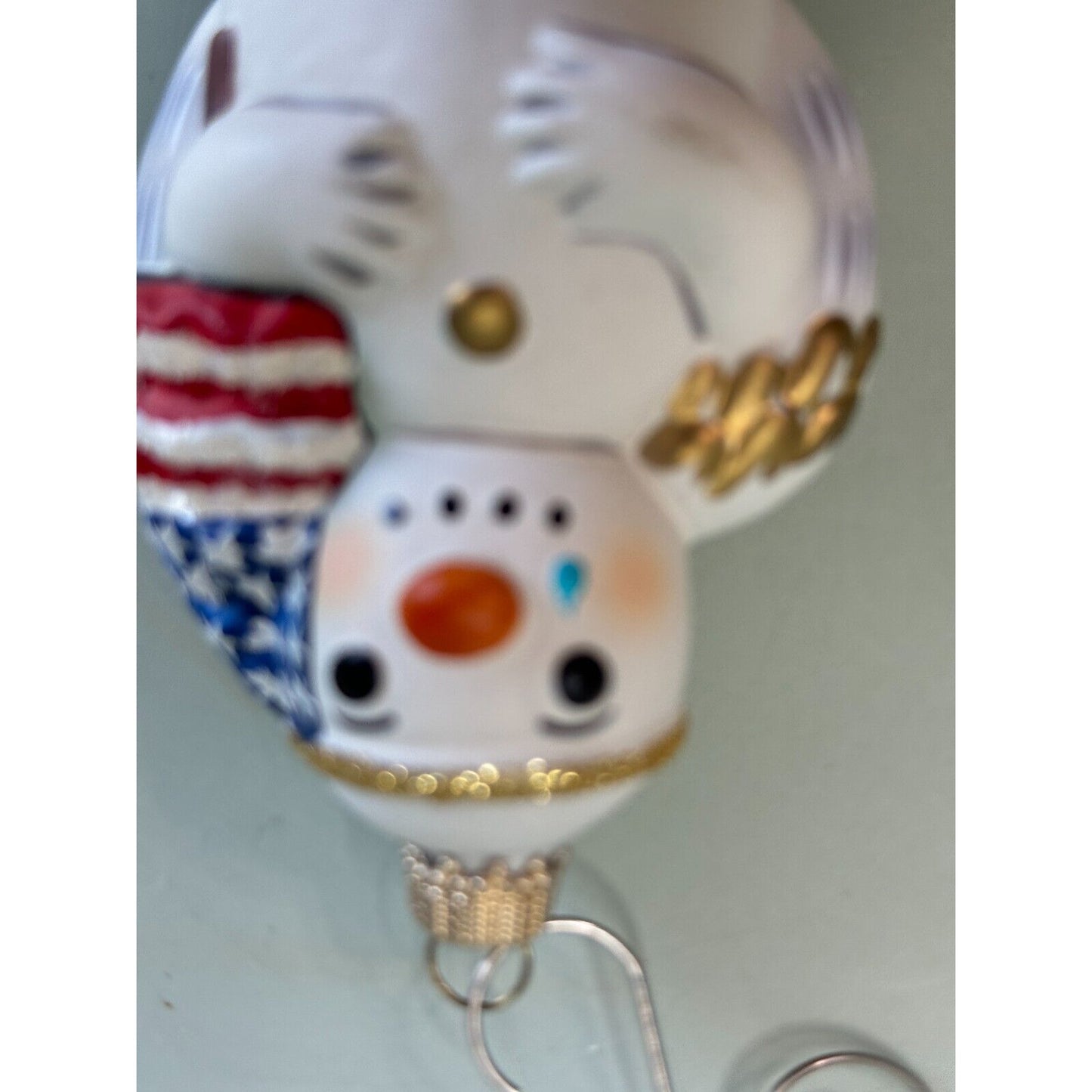 Vaillancourt Folk Art Patriotic Snowman Angel Glass Ornament 2001 w/Stand & Card