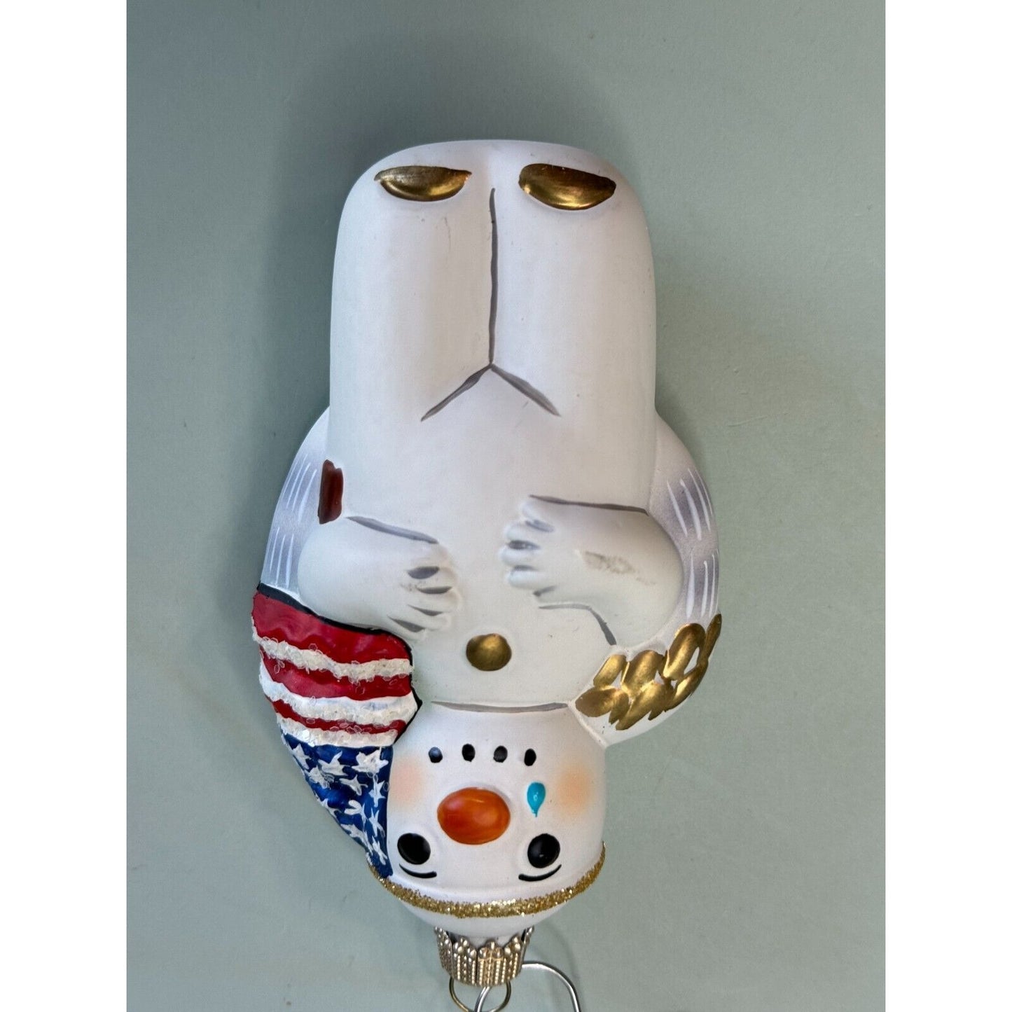 Vaillancourt Folk Art Patriotic Snowman Angel Glass Ornament 2001 w/Stand & Card