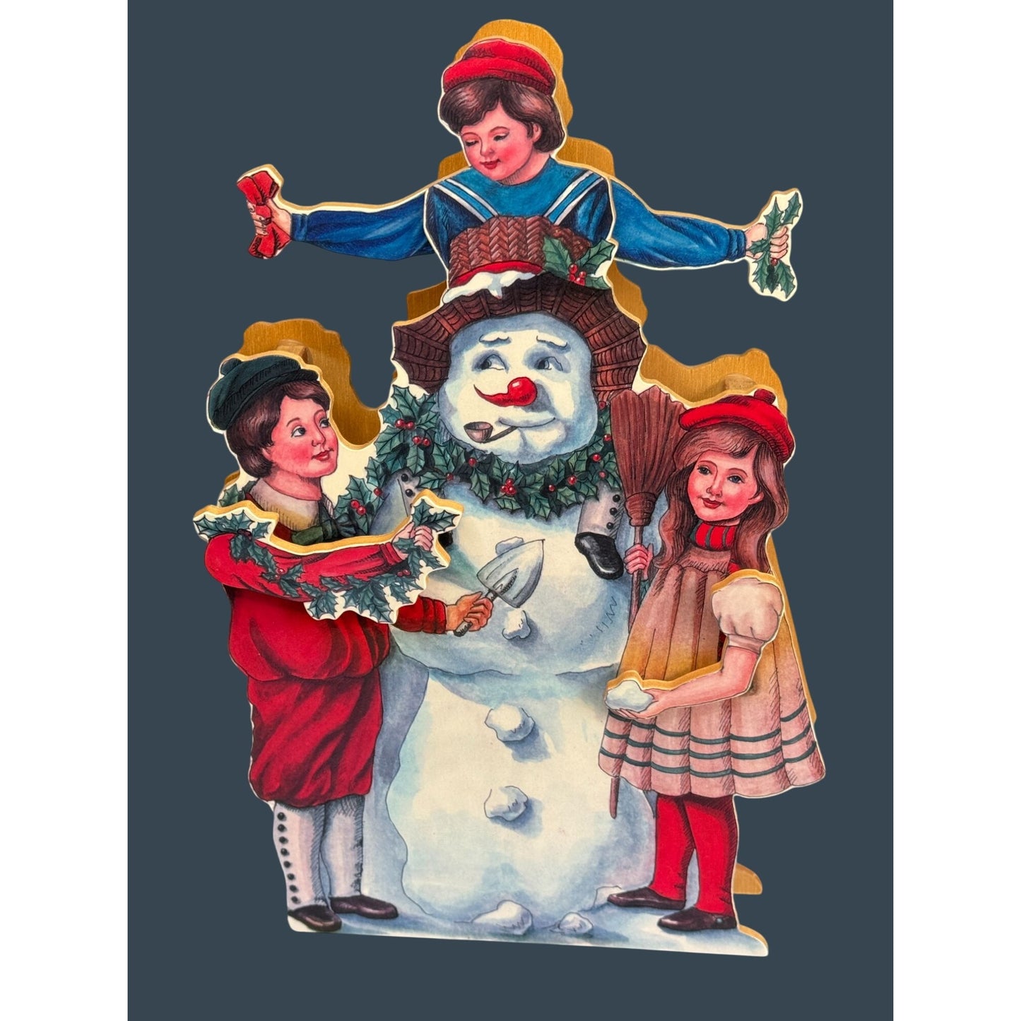 Vintage Wood Animated Musical Christmas Decoration With Snowman & Children