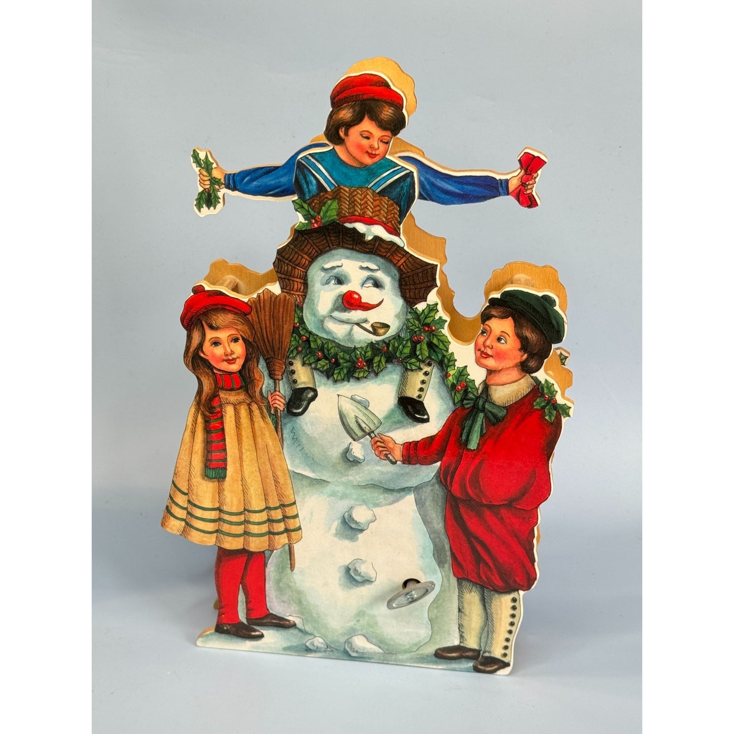 Vintage Wood Animated Musical Christmas Decoration With Snowman & Children