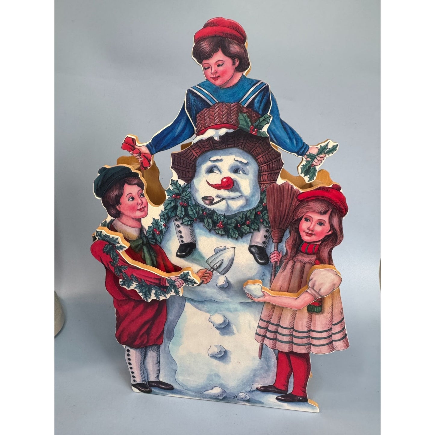 Vintage Wood Animated Musical Christmas Decoration With Snowman & Children
