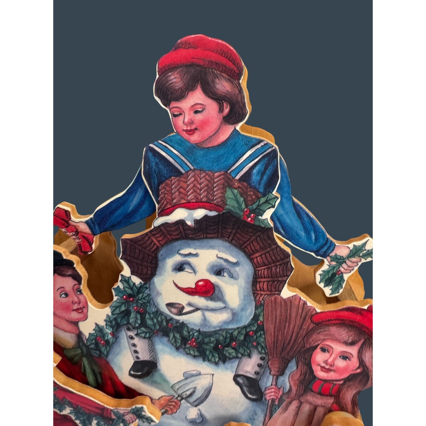 Vintage Wood Animated Musical Christmas Decoration With Snowman & Children