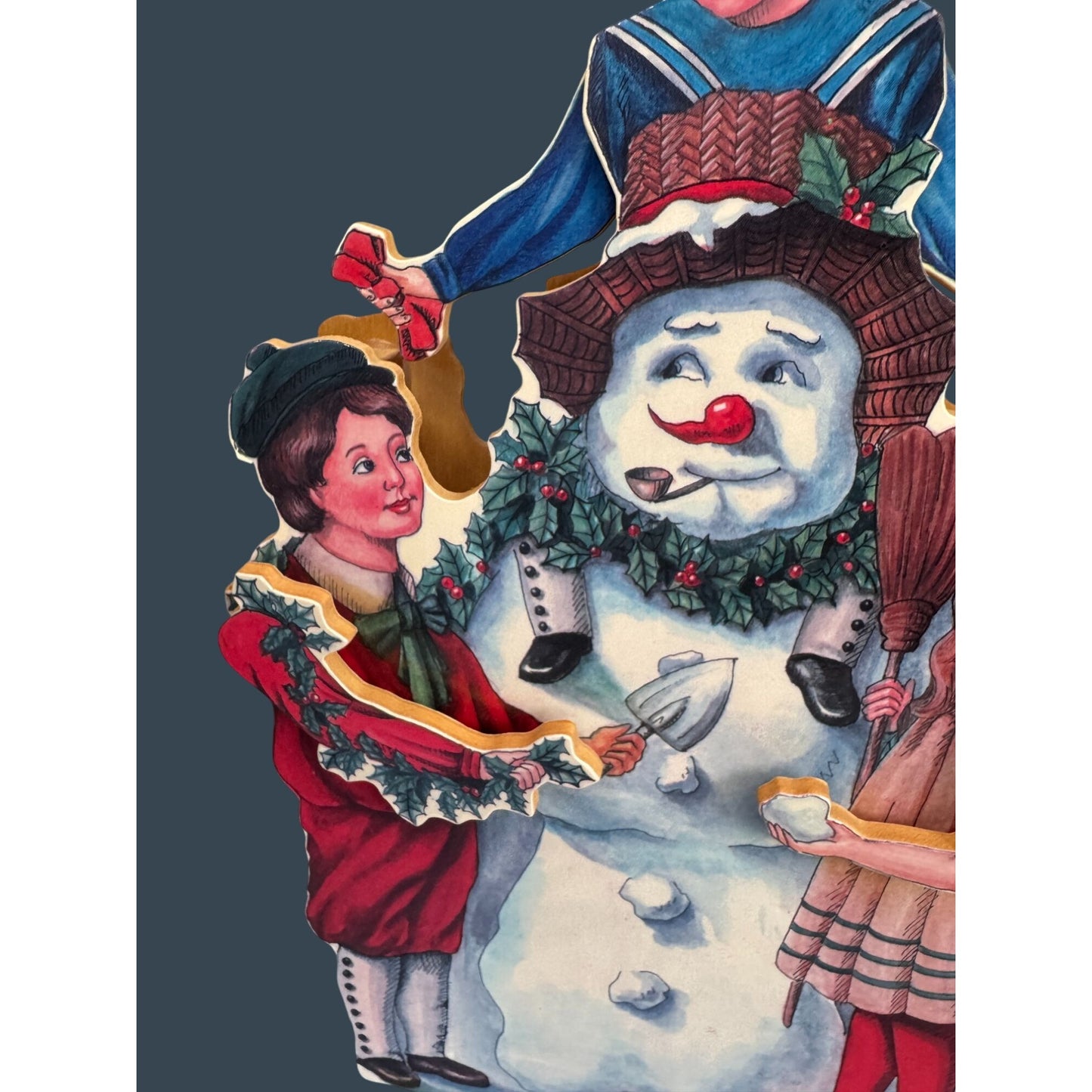 Vintage Wood Animated Musical Christmas Decoration With Snowman & Children