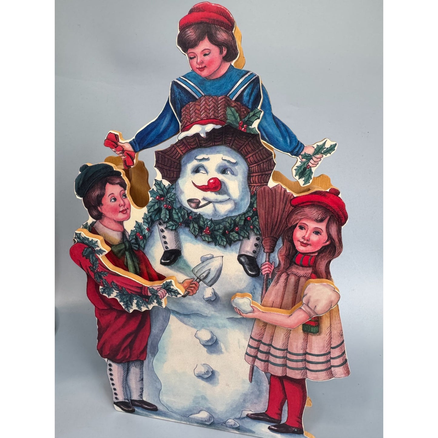 Vintage Wood Animated Musical Christmas Decoration With Snowman & Children