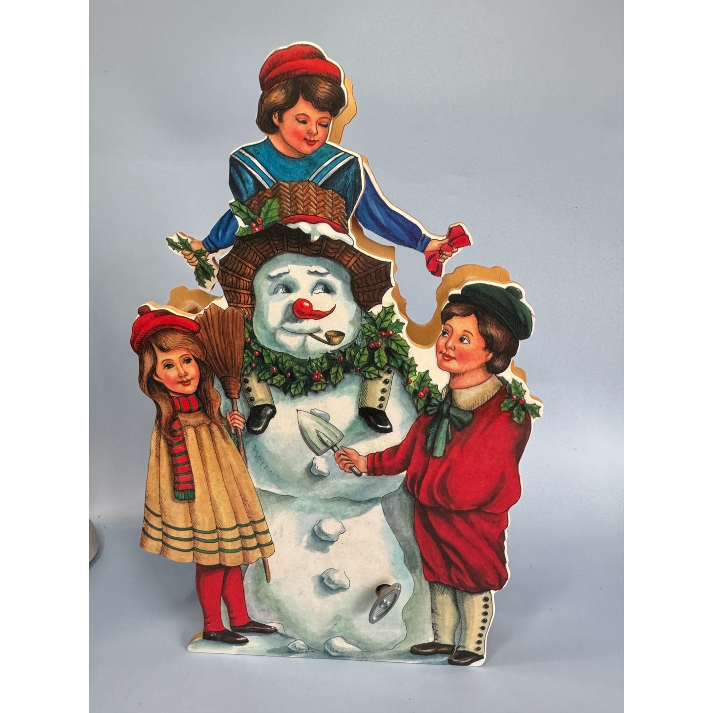 Vintage Wood Animated Musical Christmas Decoration With Snowman & Children