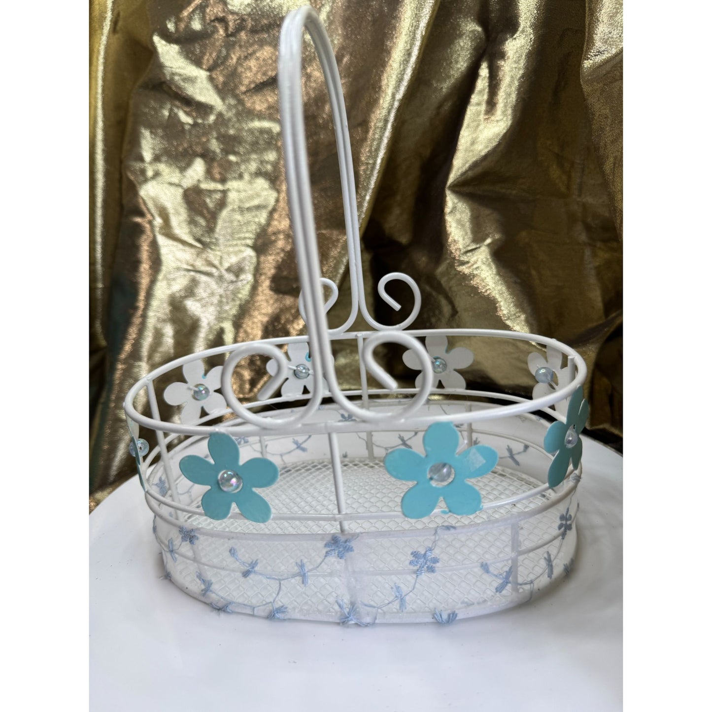 Vintage White Wire Basket W/ Blue Flower Accents & Handle 7.5" x 8.5"
