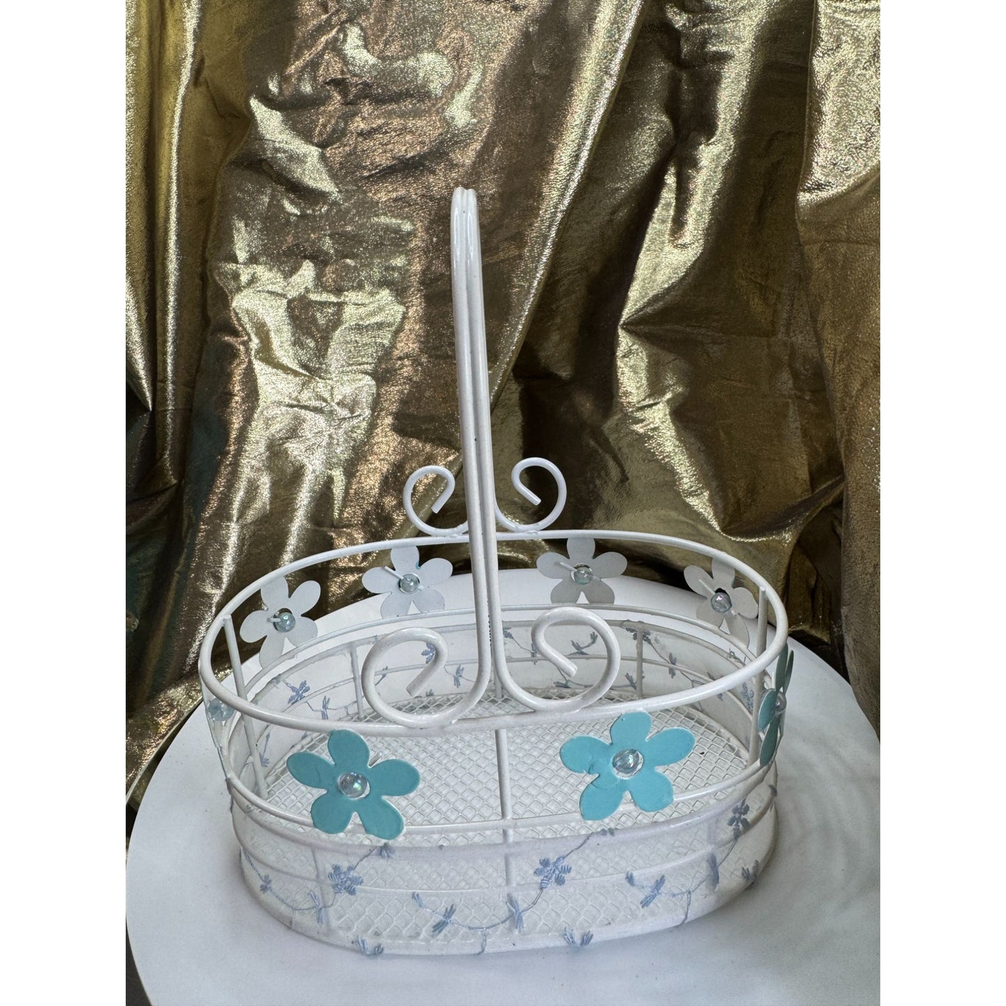 Vintage White Wire Basket W/ Blue Flower Accents & Handle 7.5" x 8.5"