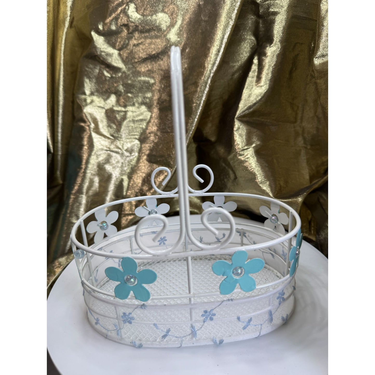 Vintage White Wire Basket W/ Blue Flower Accents & Handle 7.5" x 8.5"