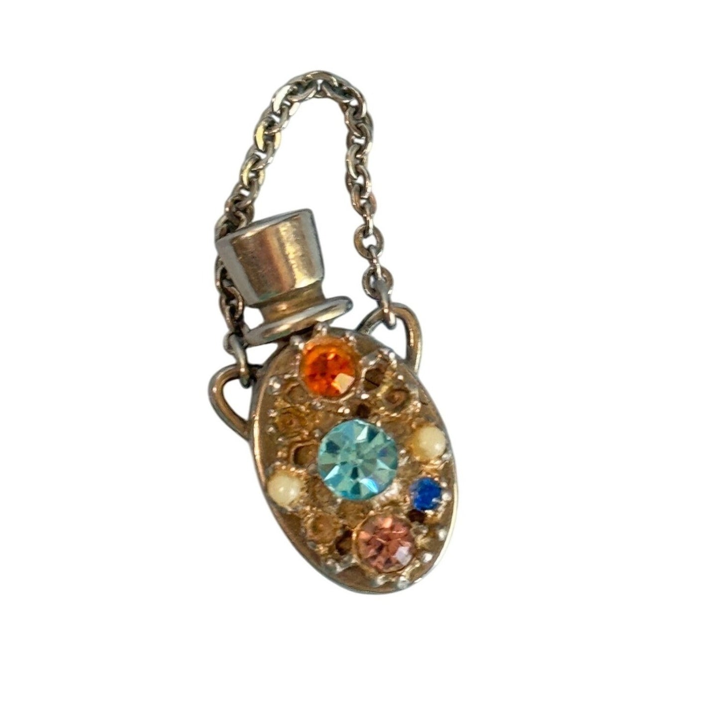 Vintage Silver Rhinestone Perfume Bottle Charm With Dauber & Mini Chain