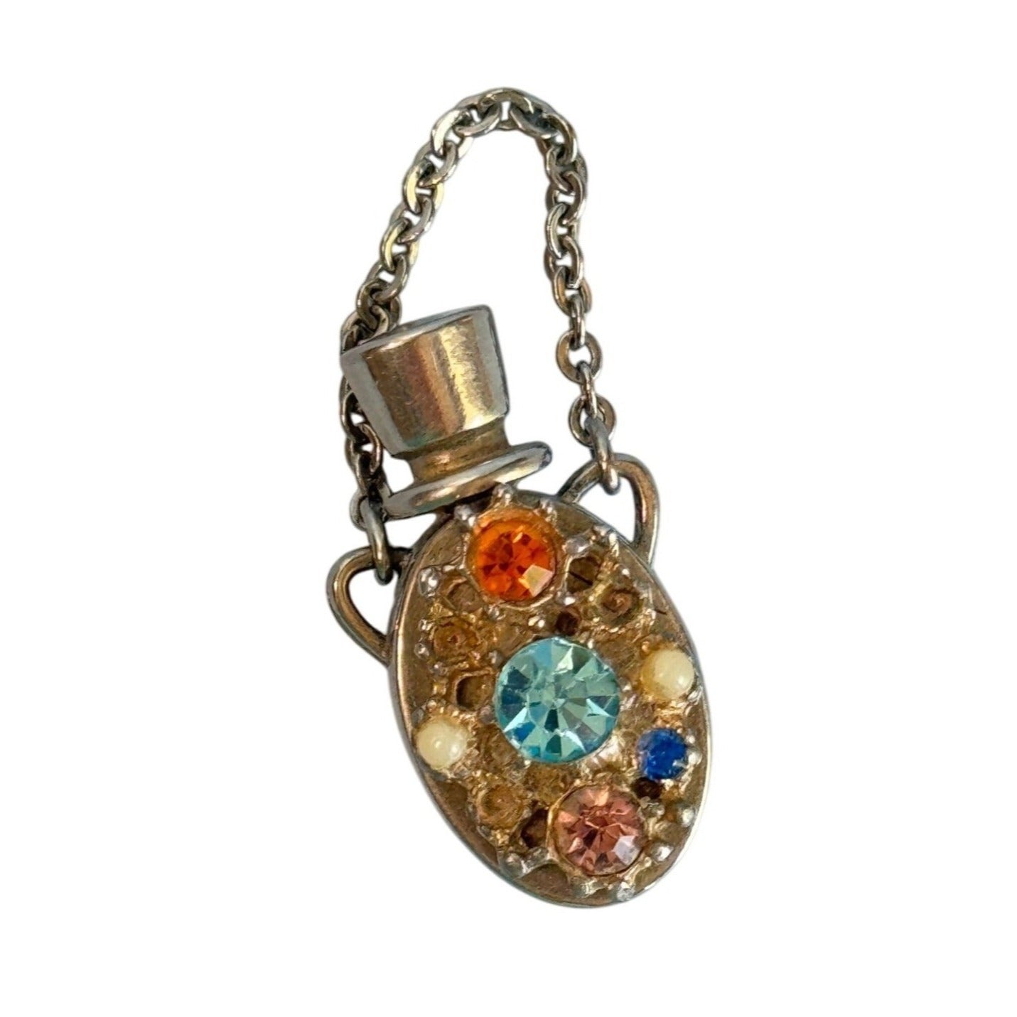 Vintage Silver Rhinestone Perfume Bottle Charm With Dauber & Mini Chain