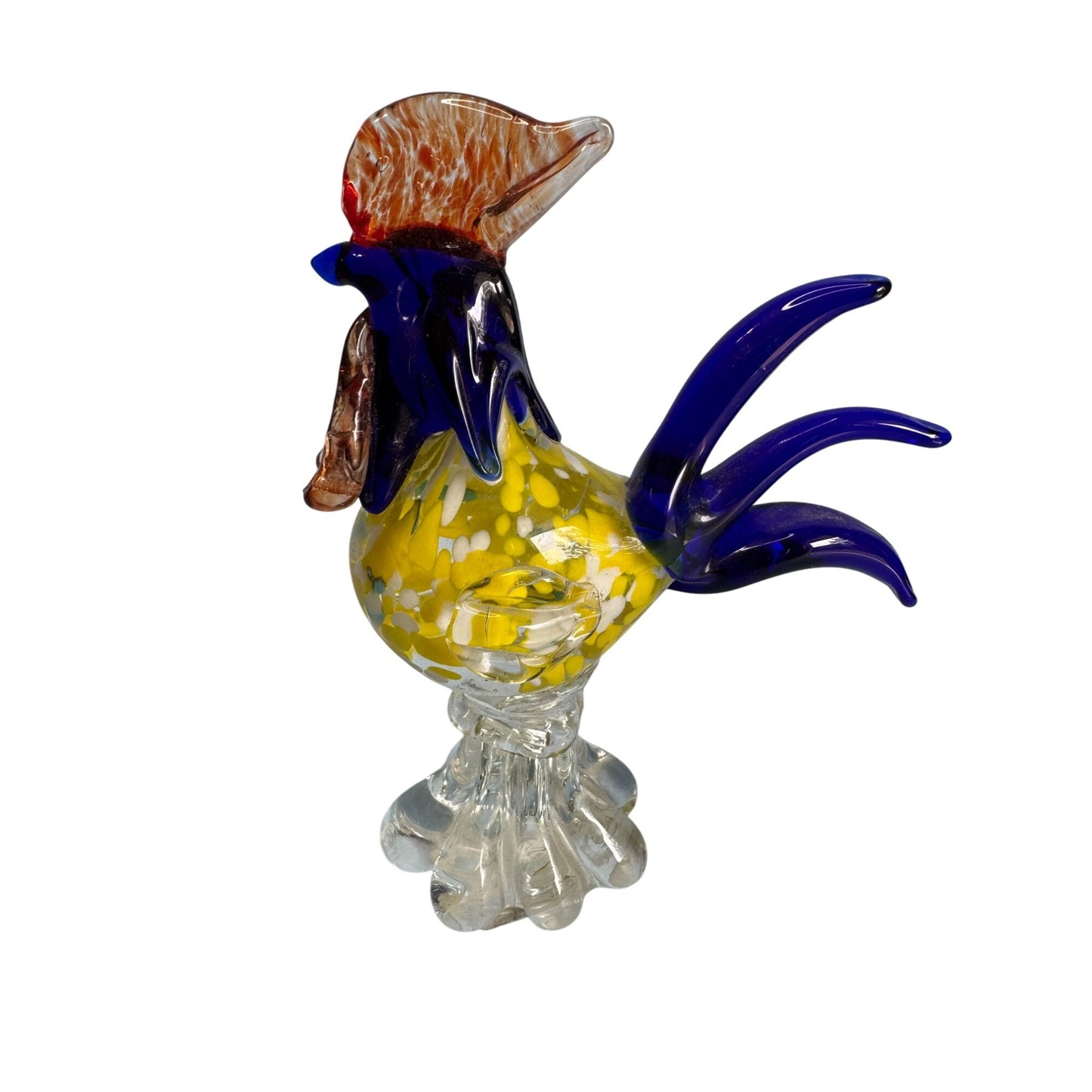 Murano Style Art Glass Rooster Sculpture With Vibrant Colors & Clear Base 7 1/2"