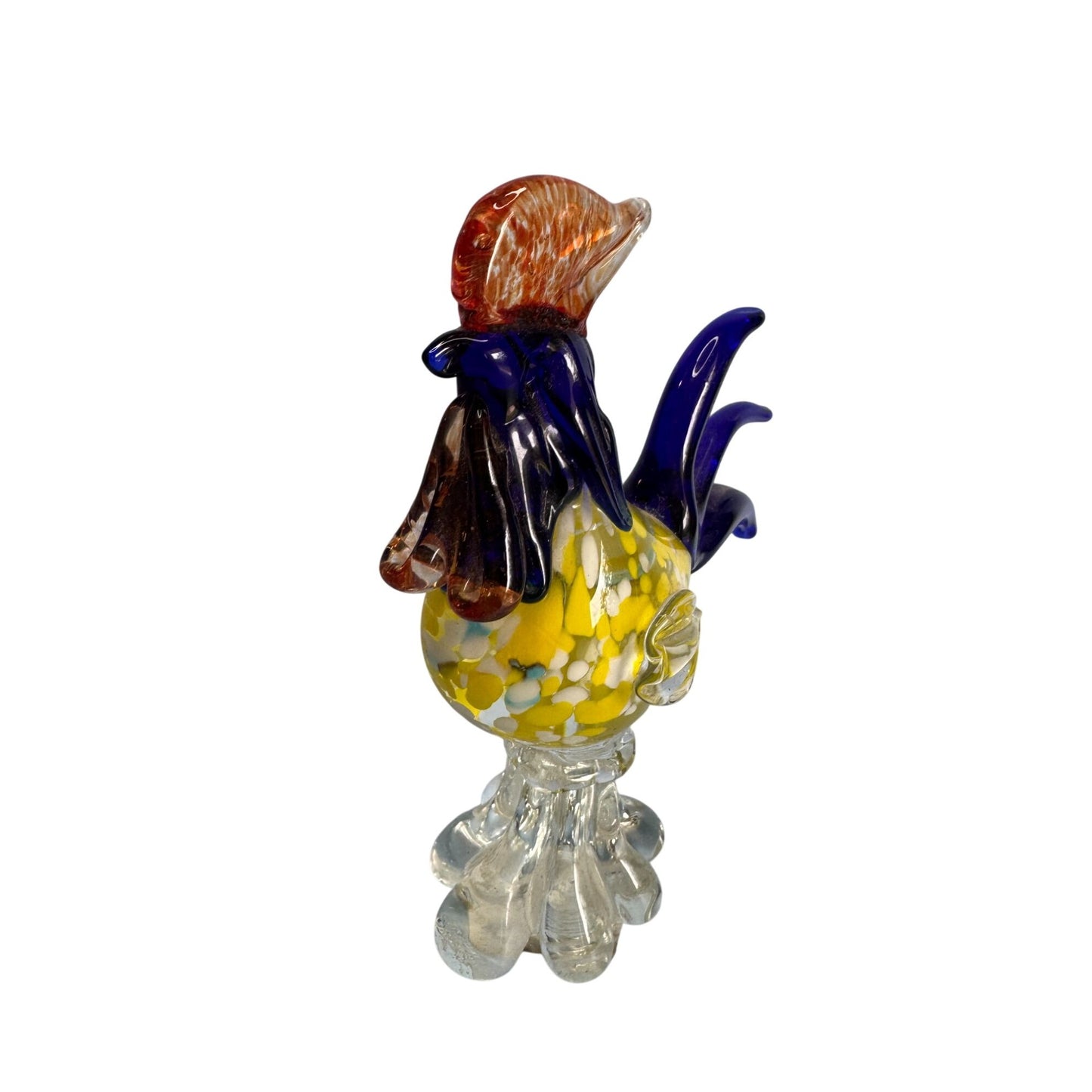 Murano Style Art Glass Rooster Sculpture With Vibrant Colors & Clear Base 7 1/2"