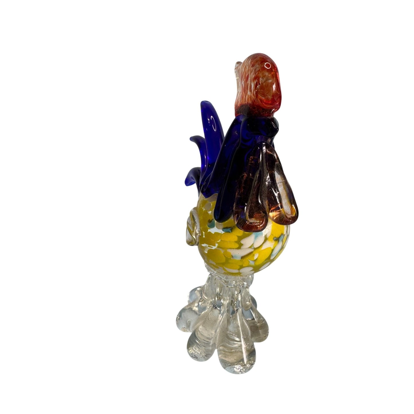 Murano Style Art Glass Rooster Sculpture With Vibrant Colors & Clear Base 7 1/2"