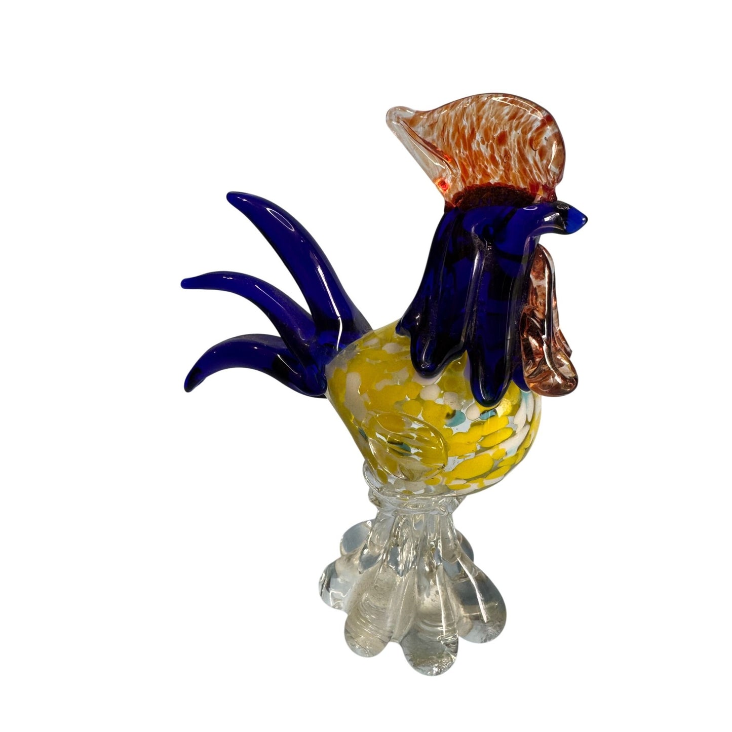 Murano Style Art Glass Rooster Sculpture With Vibrant Colors & Clear Base 7 1/2"