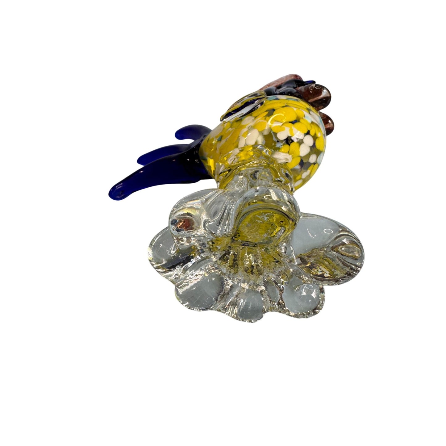 Murano Style Art Glass Rooster Sculpture With Vibrant Colors & Clear Base 7 1/2"