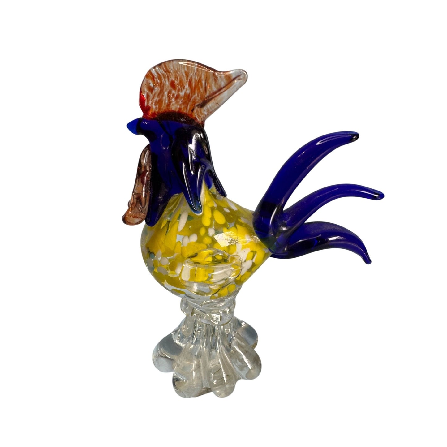 Murano Style Art Glass Rooster Sculpture With Vibrant Colors & Clear Base 7 1/2"