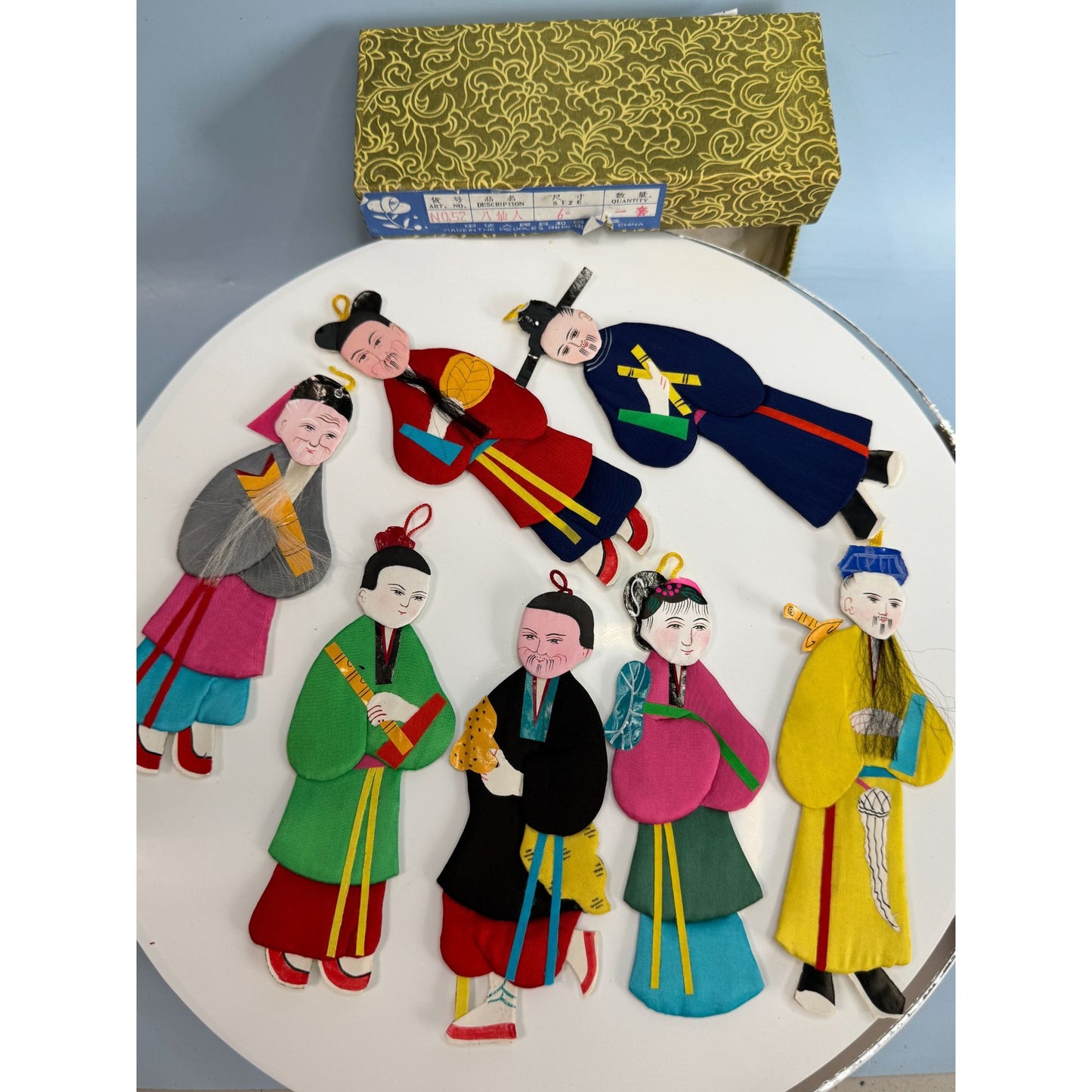 Set Of 8 Chinese Silk & Cardboard Immortal Ornaments Multicolor 5.5" With Box