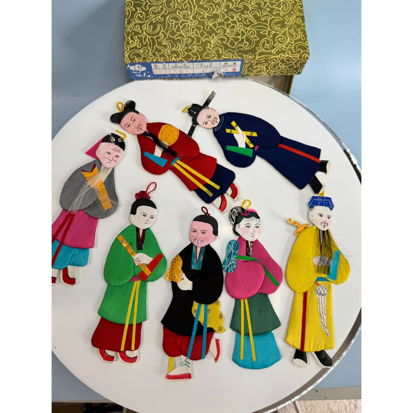 Set Of 8 Chinese Silk & Cardboard Immortal Ornaments Multicolor 5.5" With Box