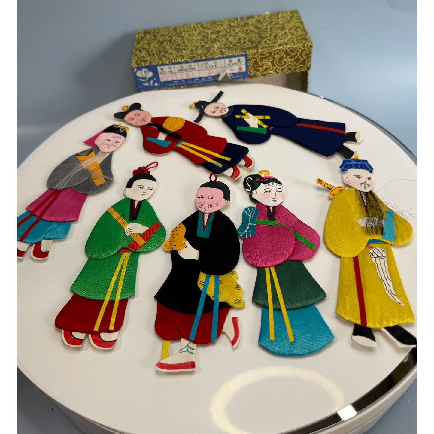 Set Of 8 Chinese Silk & Cardboard Immortal Ornaments Multicolor 5.5" With Box