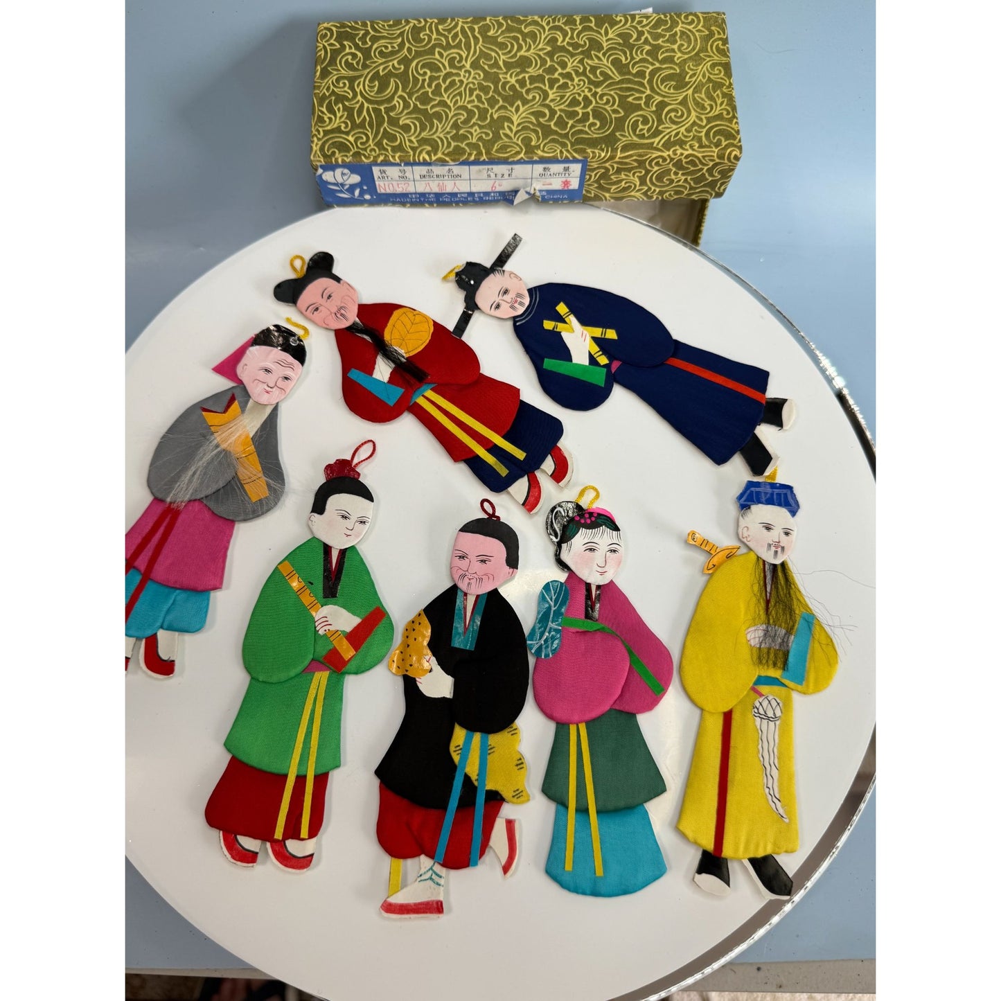 Set Of 8 Chinese Silk & Cardboard Immortal Ornaments Multicolor 5.5" With Box